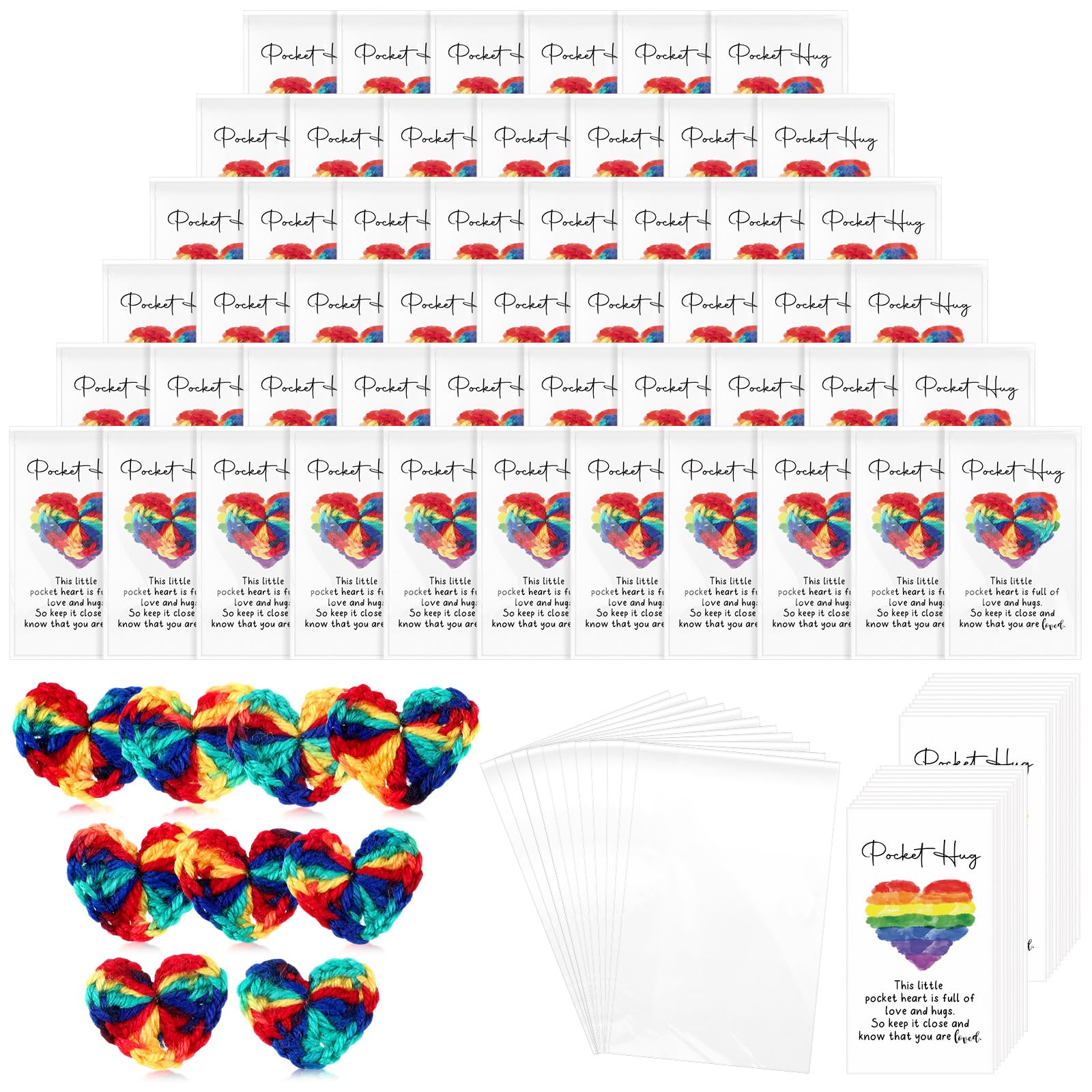 Mindsoft 140 Sets Pride Party Favors Bulk Hand Crocheted Rainbow Heart Pocket Hug with Cards Pocket Hug Gift for Back to School Long Distance Relationship for Friends Couple Rainbow Party Decoration
