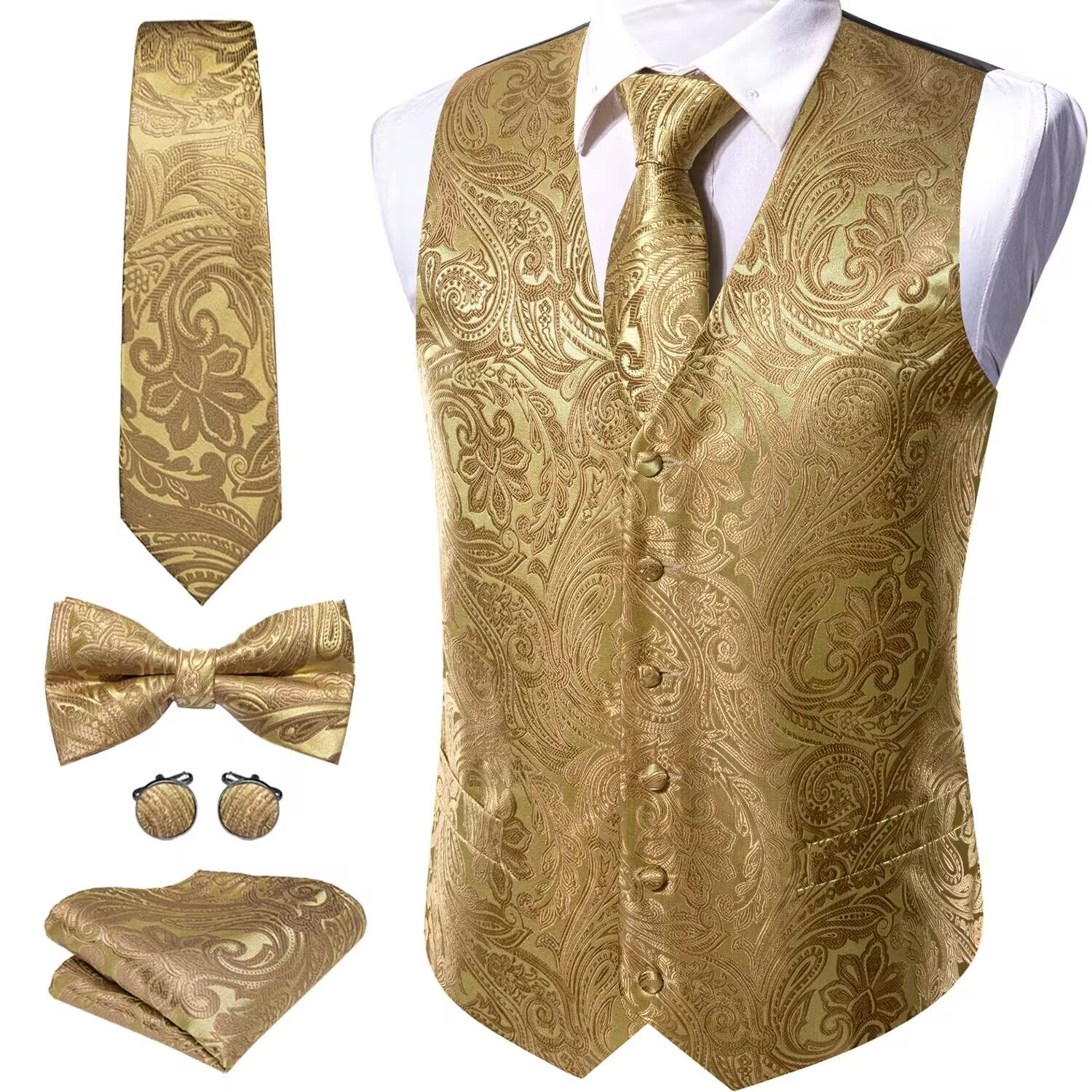 Barry.WangMen Paisley Gold Flower Dress Vest with Bowtie Necktie Pocket Hanky Design Suit Waistcoat Formal/Leisure