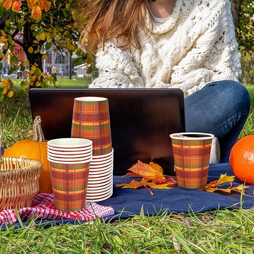 Miniatura 6 de Whaline 50 vasos de papel de Acción de Gracias de otoño, color naranja, rojo, verde, búfalo, vasos desechables para fiesta de otoño para jugo, café,