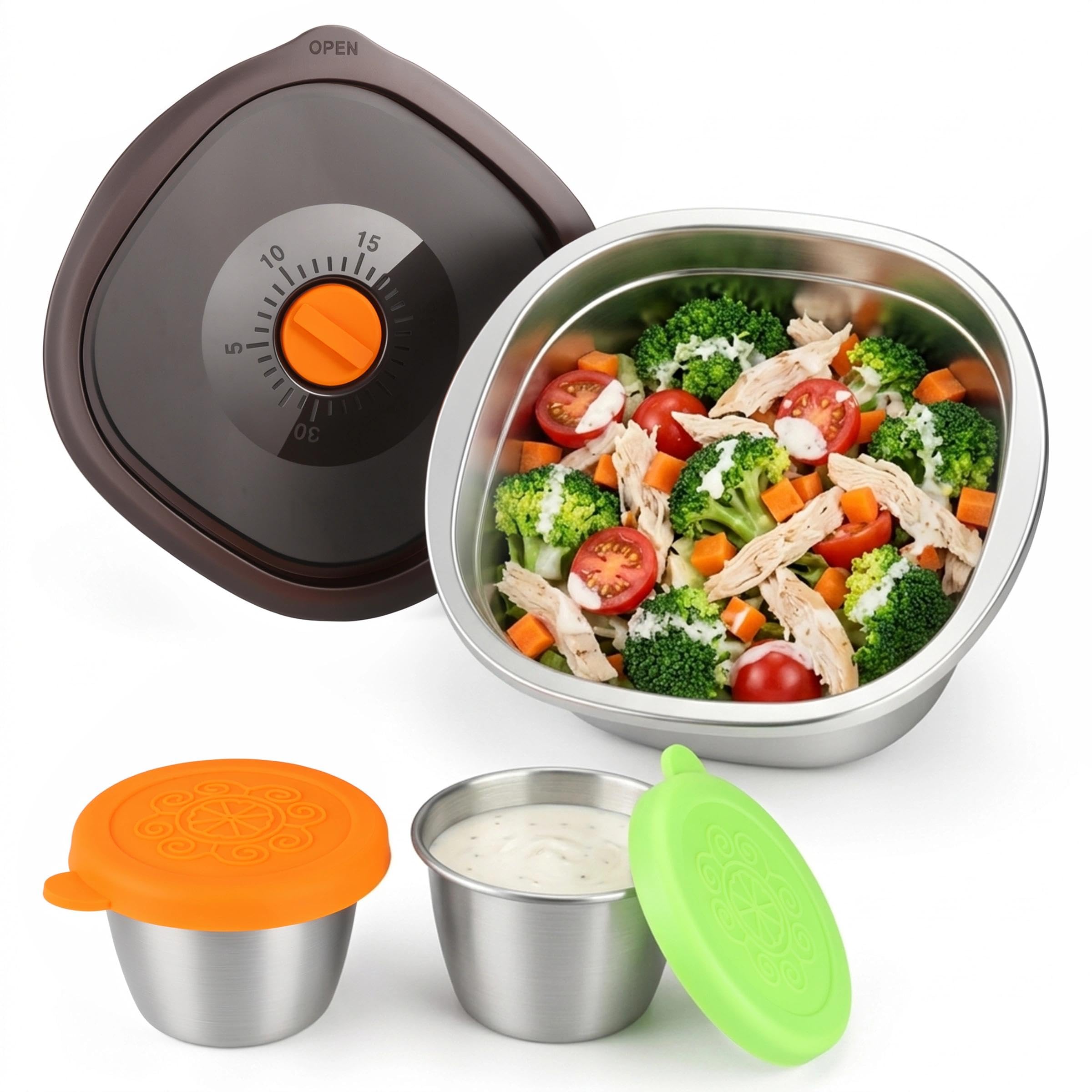 MKDTKY Stainless Steel Salad Bowl with Lid and Dressing Cup, Leakproof