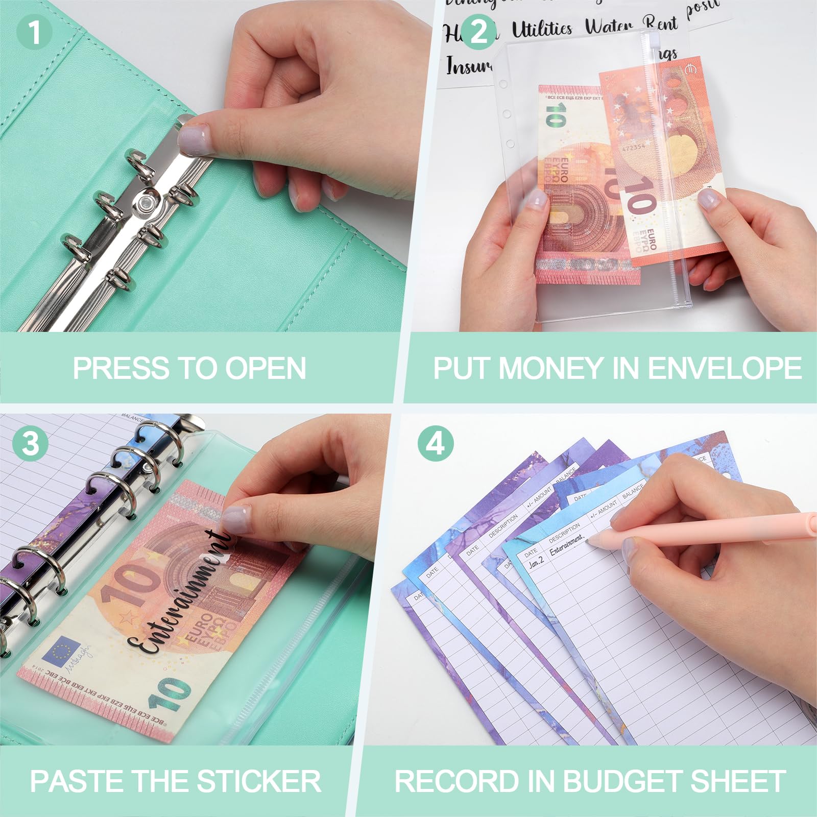 Raccoglitore ad Anelli A6 Budget Binder Pianificatore Risparmio Soldi con Buste e Fogli Bilancio Verde