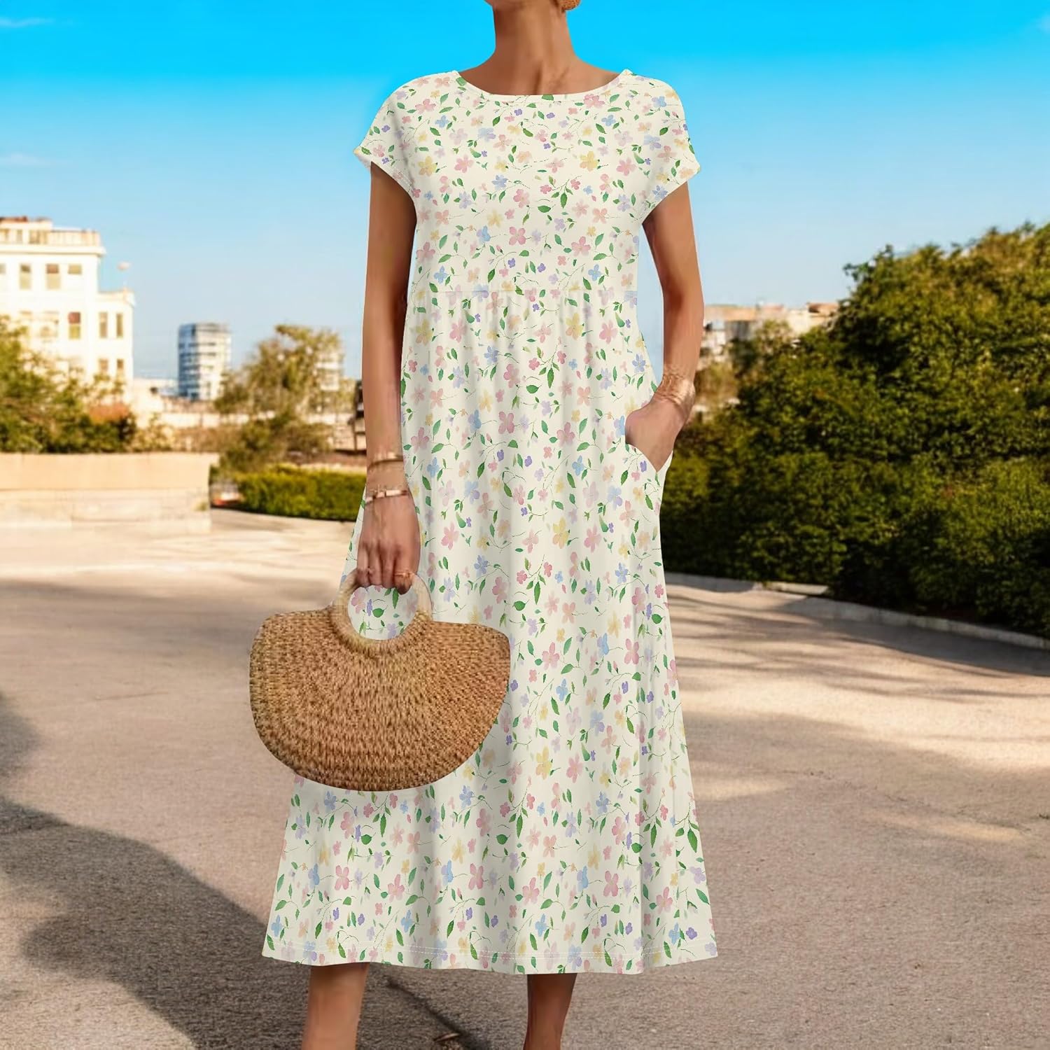 Cotton T Shirt Dresses for Women Cap Sleeve Crewneck Empire Waist Flowy Swing Summer Casual Long Maxi Smocked Dress - Image 2
