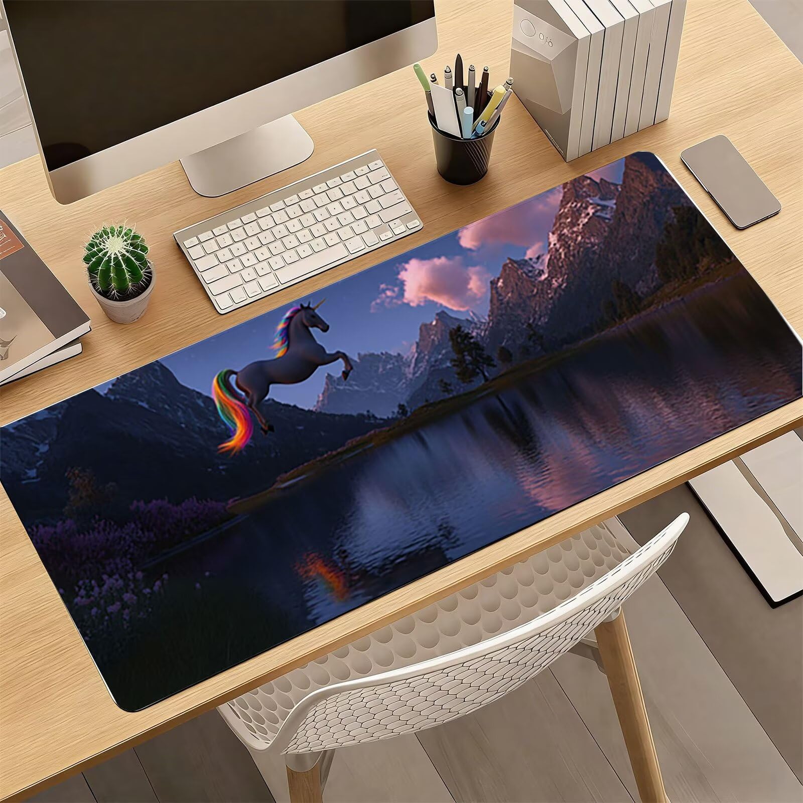 Tappetino Mouse XXL, 70x140cmx3mm Mouse Pad Impermeabile Grand, Gaming Tappetino Per Mouse, Base Antiscivolo in Gomma, Accessori Scrivania, Ufficio Accessori, Cavallo Bianco JX6B-12