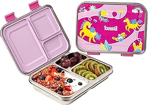 Basil Bento Box Neo 2025 - New & Improved, Easy to Open & Close 975 ml 3-Compartment Stainless Steel Lunch Box for Kids | Leak-Proof Tiffin Box for School - Pixie Dash