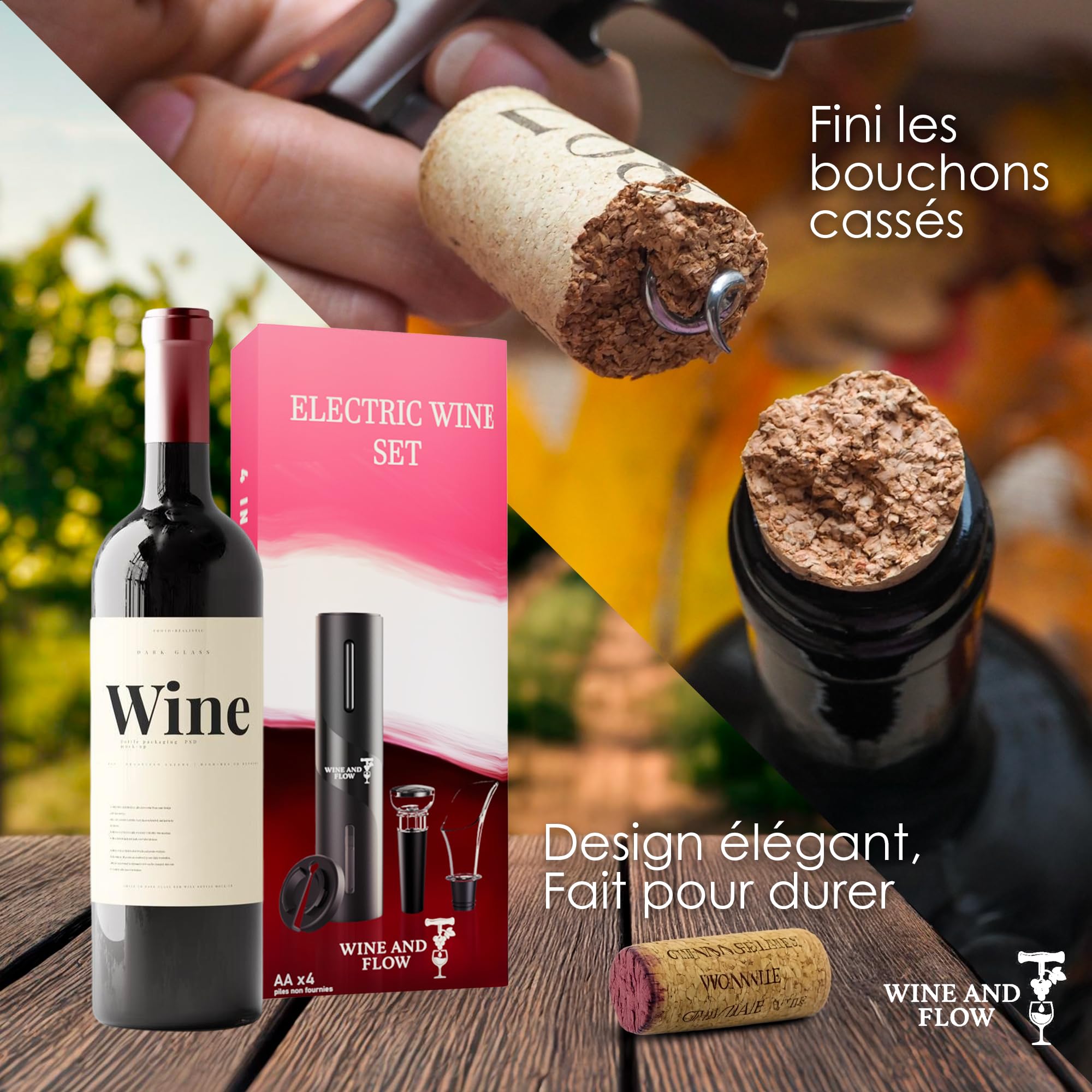 Cavatappi elettrico 4 in 1 a batteria Wine and Flow – Idee regalo premium amatoriale o professionale del vino – Confezione regalo originale apribottiglie elettrica – Accessorio vino e cavatappi