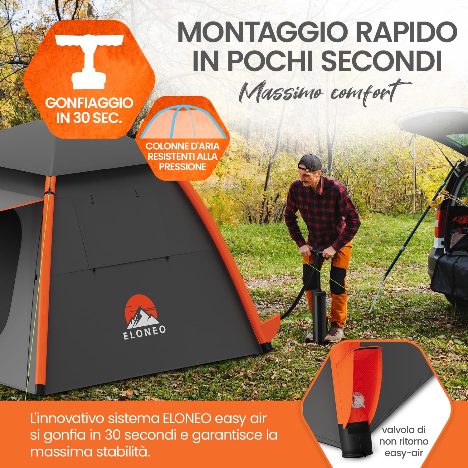 ELONEO Tenda gonfiabile con baldacchino e pompa d'aria, tenda da campeggio impermeabile, tenda ad aria ultraleggera, tenda gonfiabile, tenda glamping con luce LED gratuita