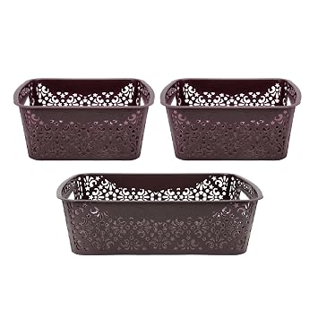 SIMPARTE Turkish Basket Small and Medium Plastic Organizer Durable with Handles for Kitchen, Wardrobe, Bathroom – Multipurpose for Clothes, Books, Toys (Set of 3, Brown)
