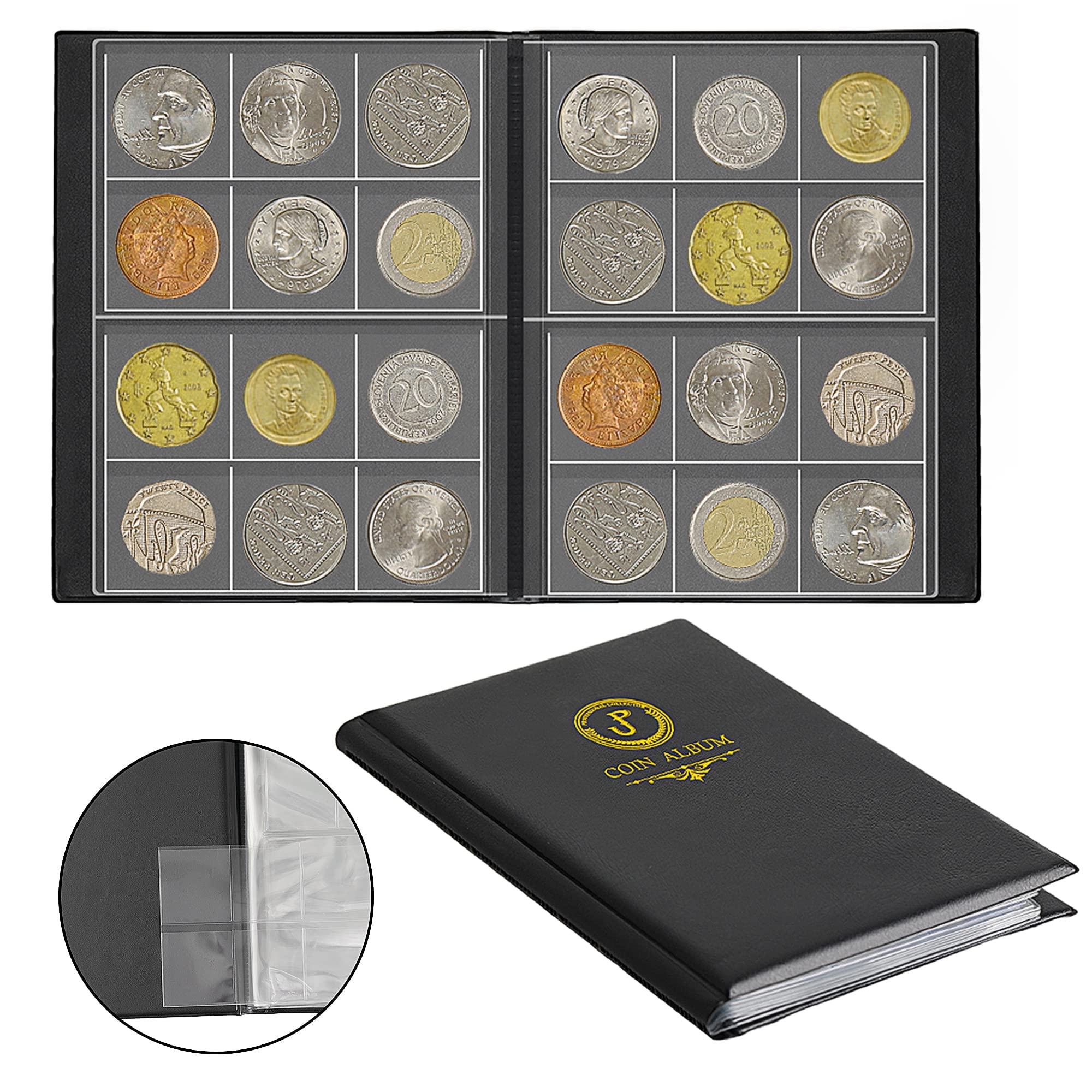 Coin Collection Album 120 Pockets - 4.2x4.0cm/1.6"x1.5" PVC&PET Coin Collection Storage Book with 10 Plug-in Pocket Sheets CS5012BK