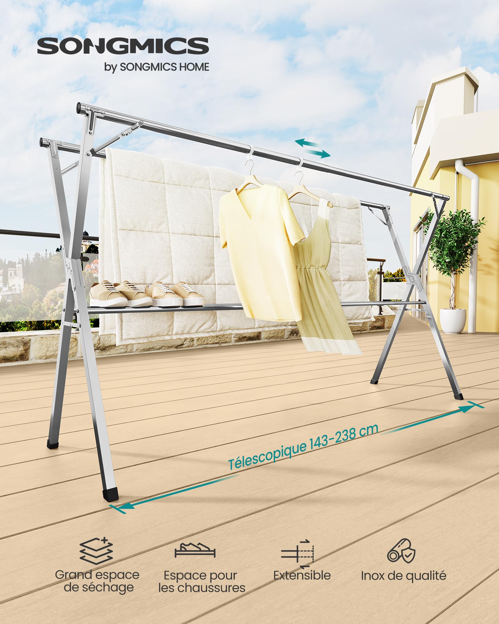 SONGMICS Étendoir à Linge Pliable, Séchoir à Linge sur Pied, Robuste, en Acier Inoxydable, pour Intérieur et Extérieur, Gris Tourterelle, Extensible de 143 à 238 cm LLR903E01