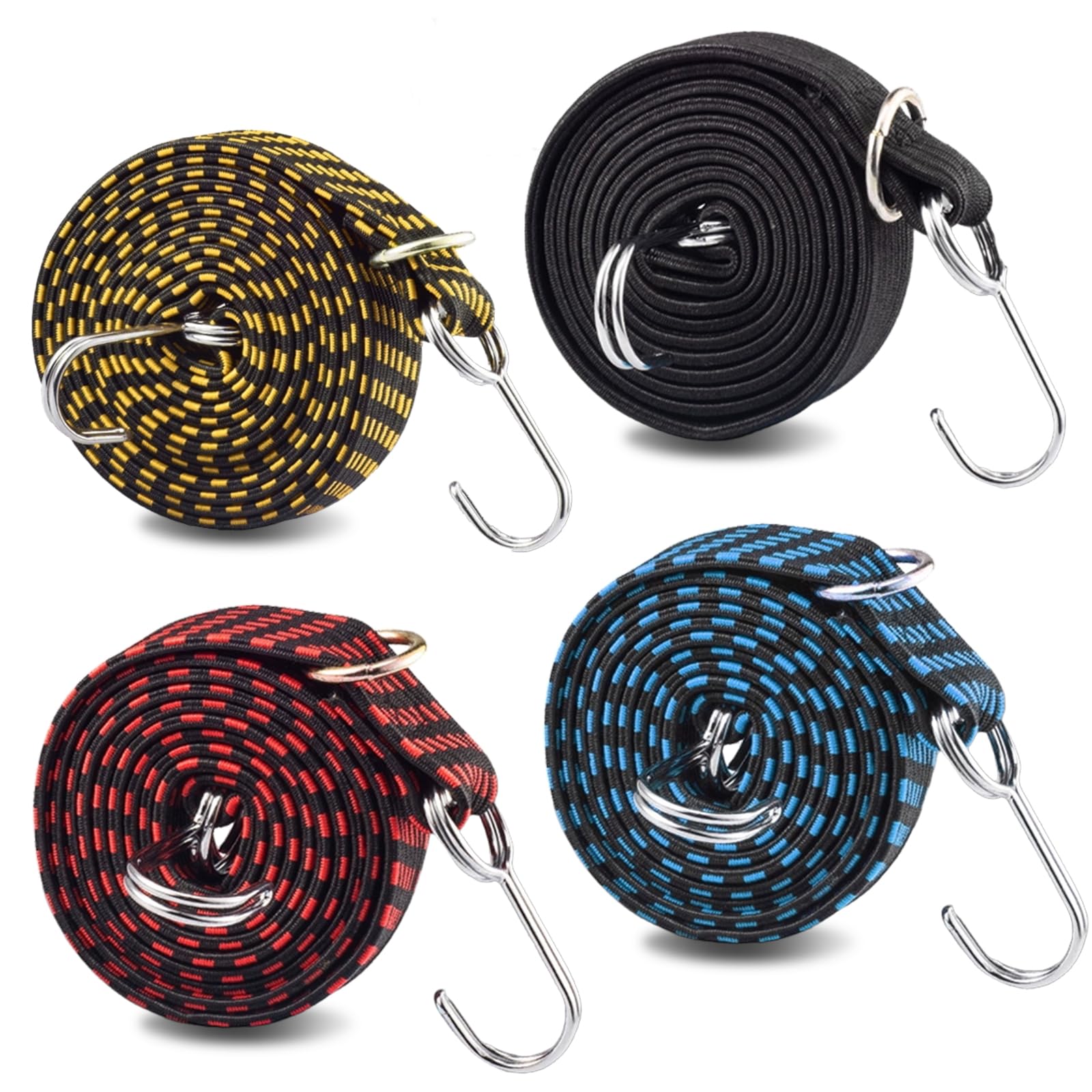 4 PCS Bungee Cords with Hooks, 2m/6.6ft Adjustable Bungee Straps Heavy Duty Elastic Straps Anti-slip Flat Rubber Straps for Luggage Camping Roof Racks Moving Cargo