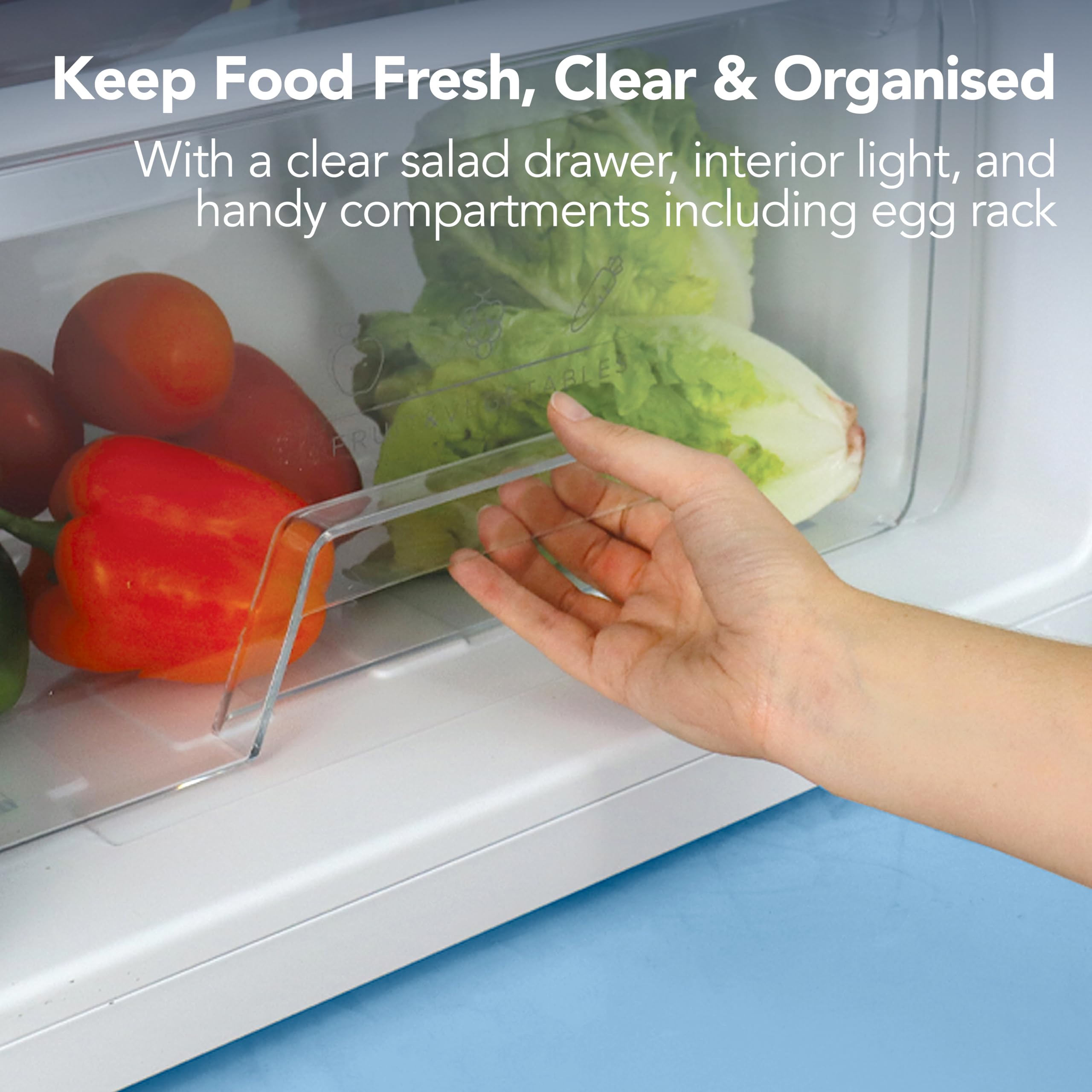 Igenix IG255W Freestanding Under Counter Larder Fridge with 2 Adjustable Glass Shelves, 1 Salad Drawer with Shelf On Top, Reversible Door, 131 Litre Capacity, 55 cm Wide, White — view 6