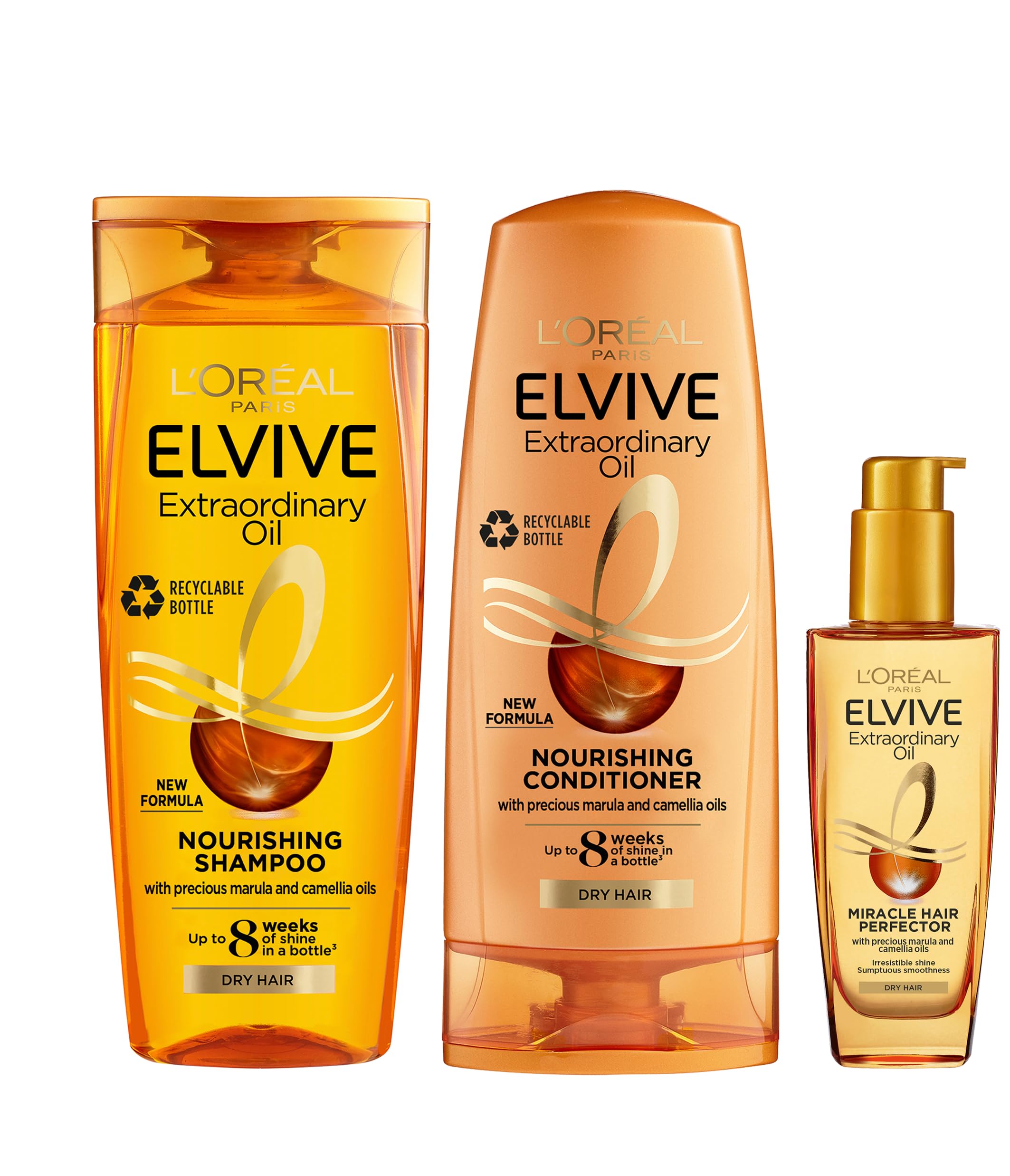 L'Oral Paris Elvive Extraordinary Oil Set for Dry Hair, Deep Nourishing Routine, Infused With Precious Marula And Camellia Oils, Silicone Free, Shampoo 400ml, Conditioner 300ml, Hair Oil 100ml