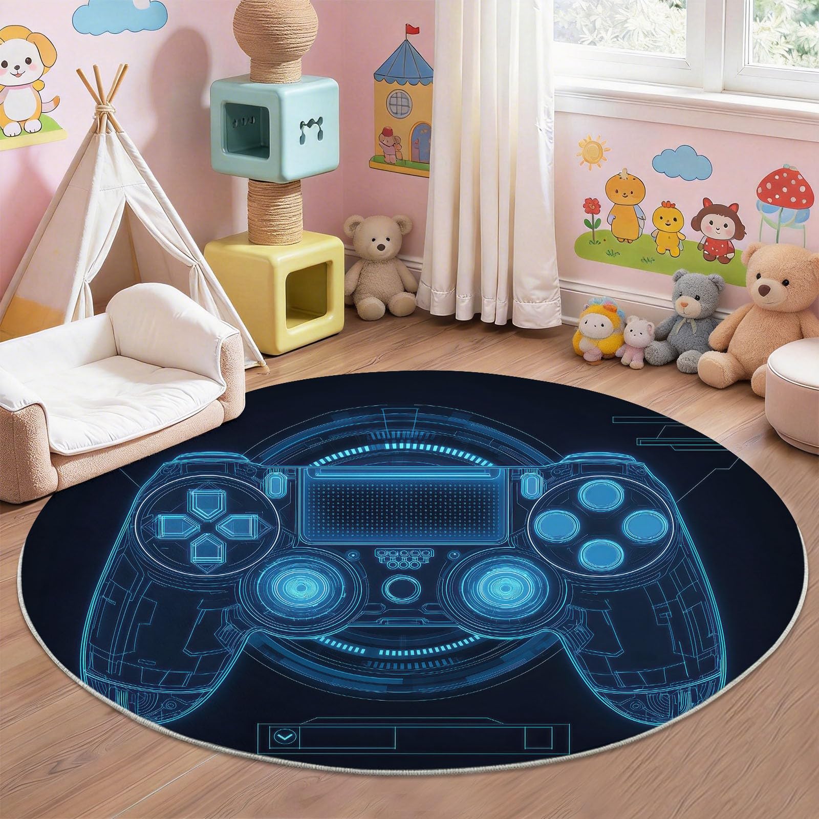 Generisch Teppich Rund 180 cm Gaming-Controller 3D-Effekt, Waschbar rutschfest Kurzflor, Bedruckter Runde Teppich für Schlafzimmer Kinderzimmer Wohnzimmer Gamer, Blau