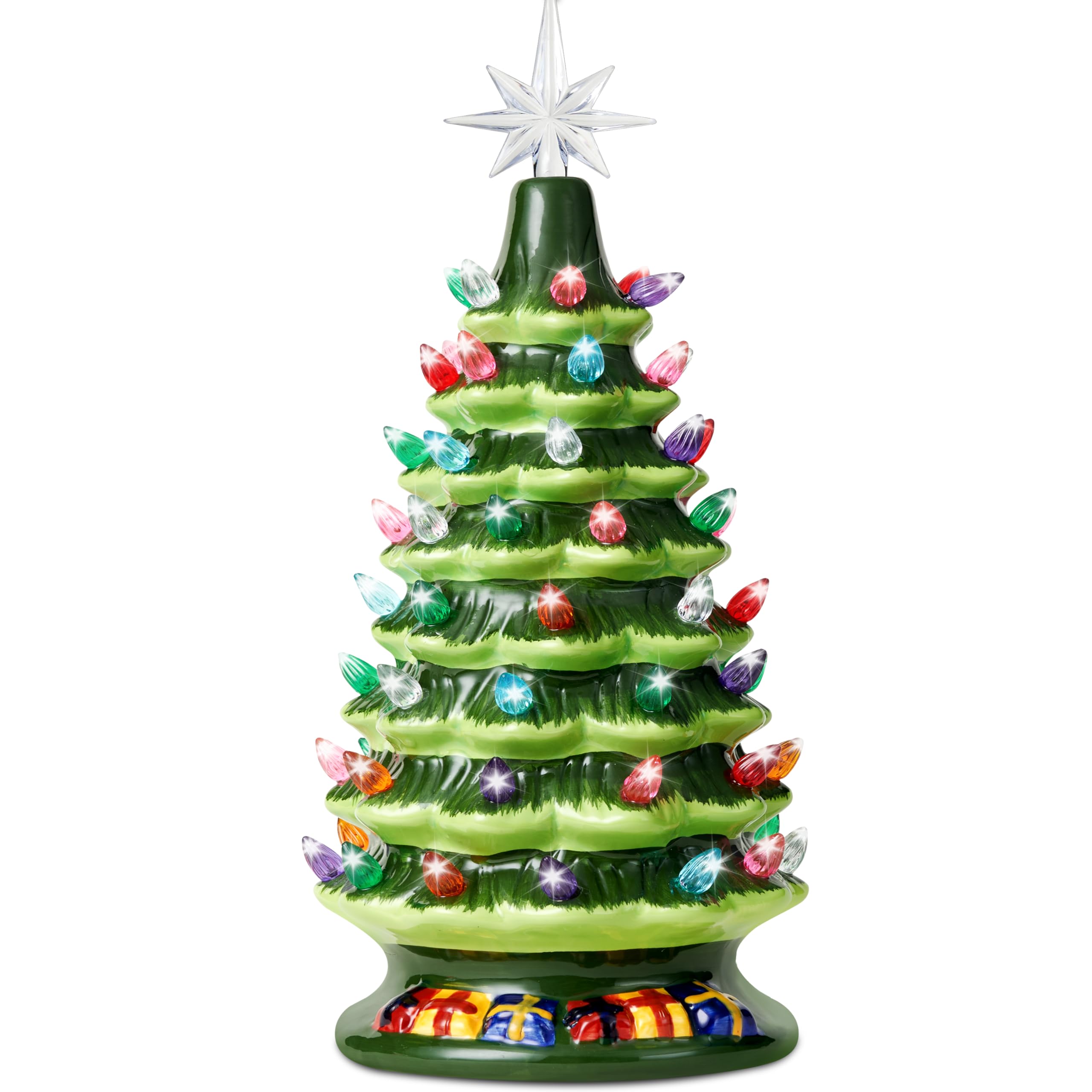 15" Tabletop Prelit Ceramic Christmas Tree with 70 Multicolor Lights, Hand-Painted Ceramic Tabletop Christmas Tree with Extra Clear Top Star for Xmas Holiday Indoor Decorations