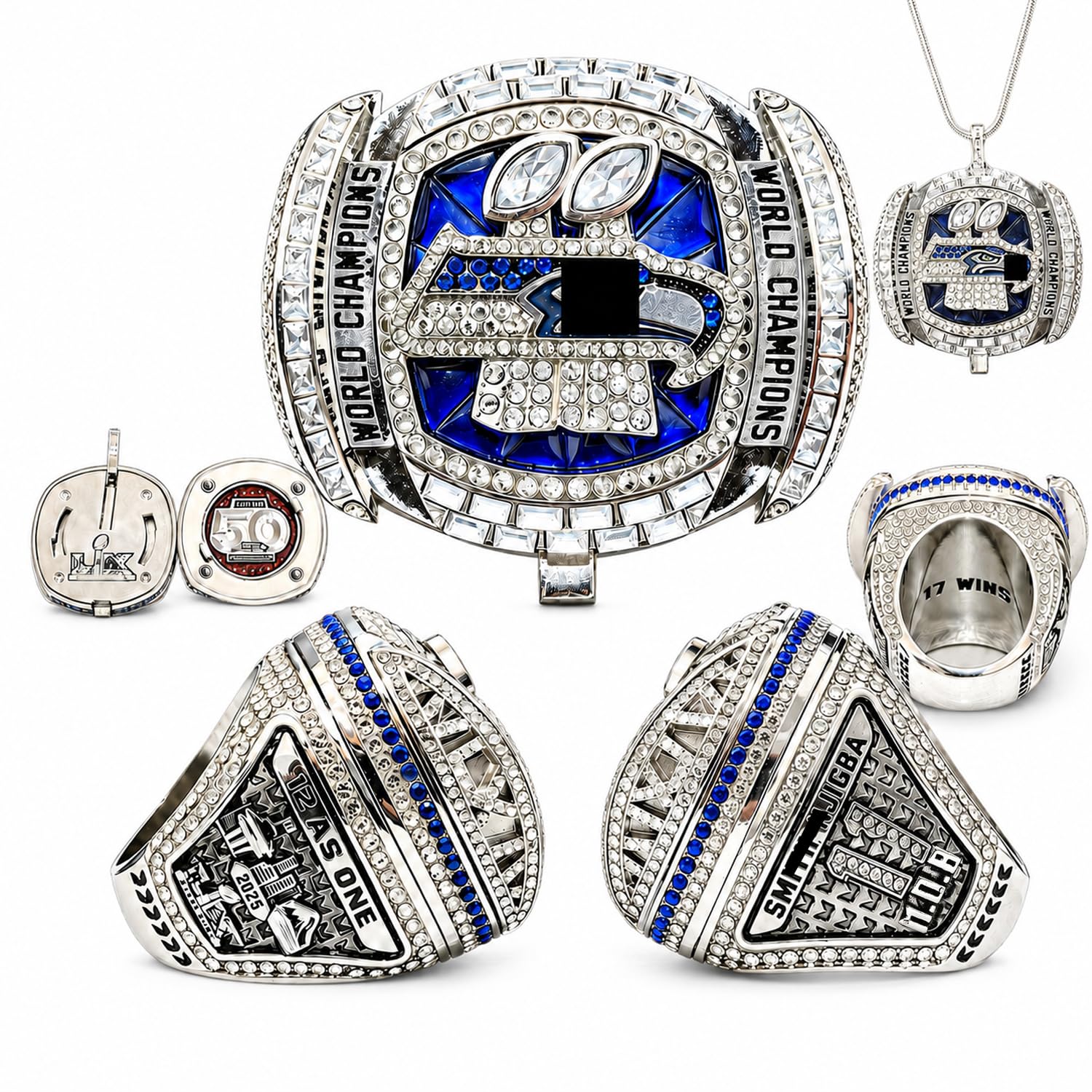 2026 Seahawks Meisterschaftsring Replik mit Box und Halskette | Abnehmbarer in US-Größe 11 Metall American Football Champion Ring, Fan-Geschenk, Sammlerstück und Erinnerungsstück