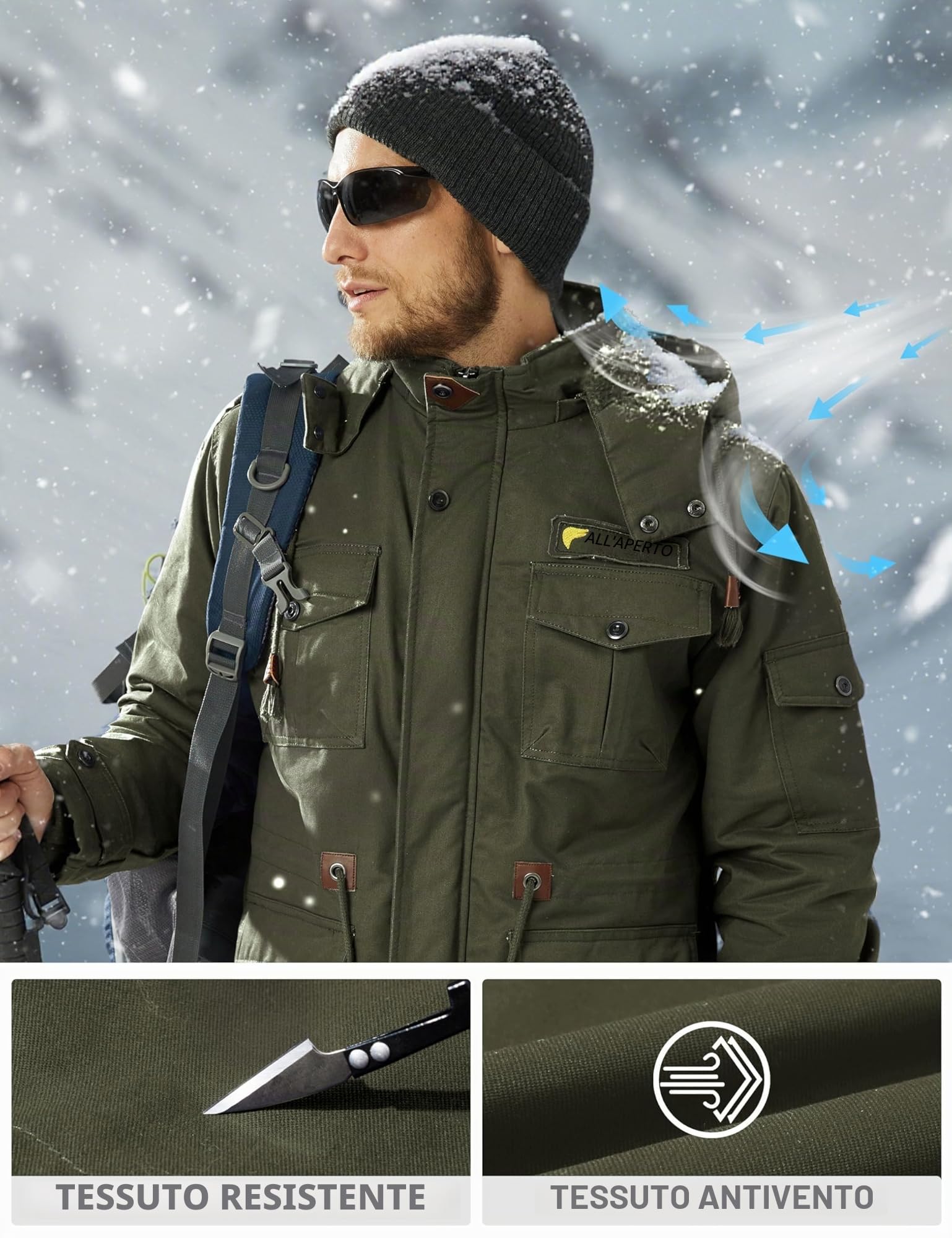 Giacca da uomo Militare Giacca invernale Casual Cotone Antivento Giacca da esterno Cargo Giacca con Cappuccio