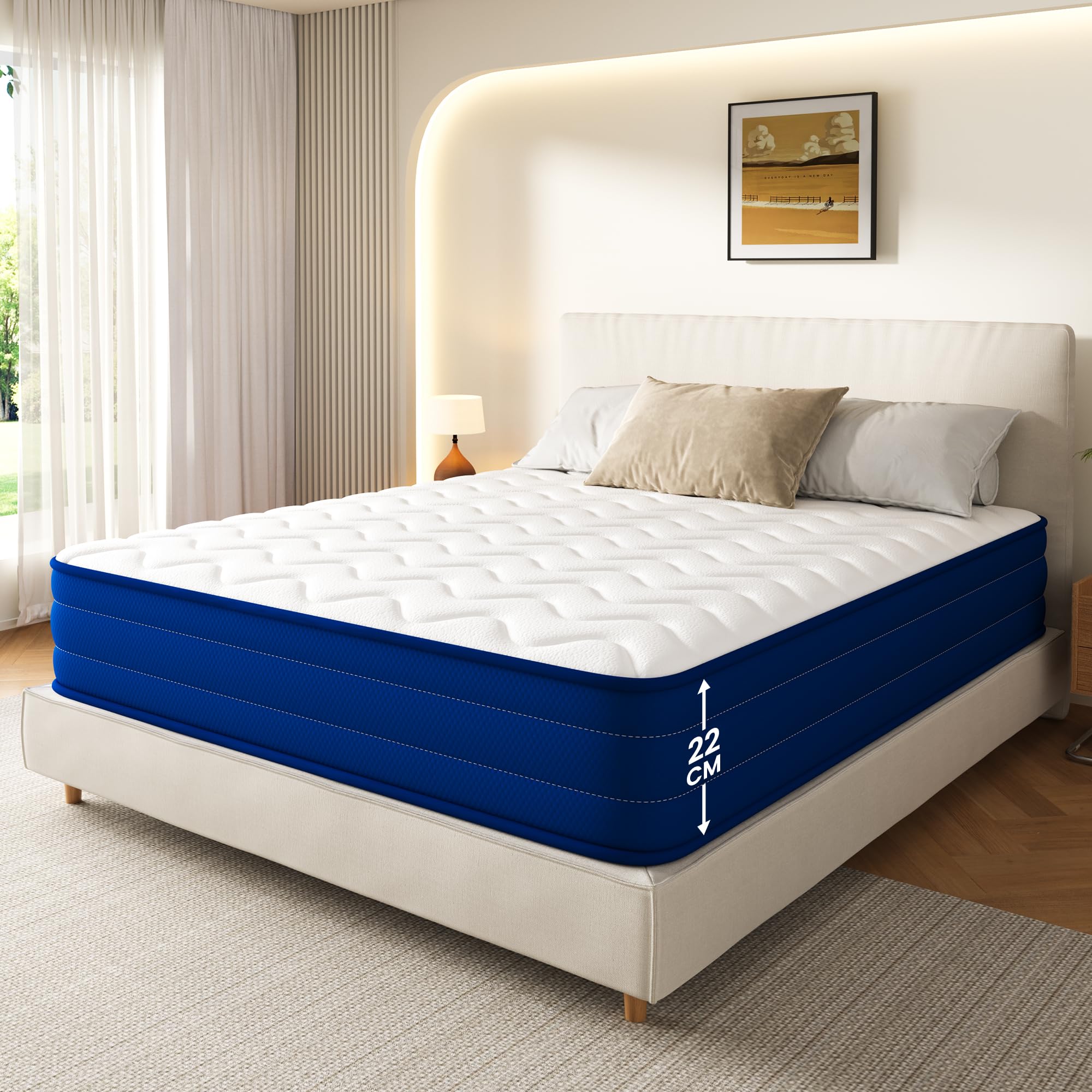 Matelas 140x190 cm, 22 cm Épaisseur, Ressorts Ensachés, 7 Zones Ergonomiques, 10 Couches Respirantes, Ferme, Certifié Oeko-TEX