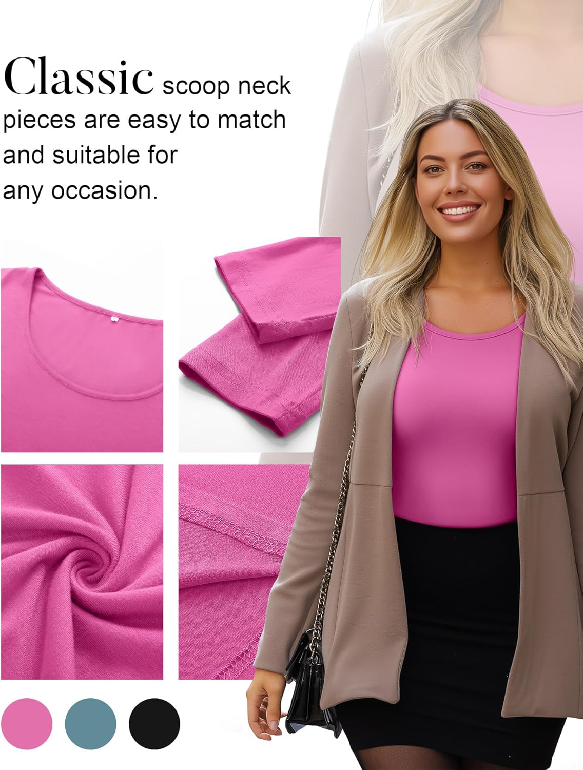 3 Pack Women's Plus Size Shirts Tops Scoop Neck Long Sleeve Tee Slim Fitted Stretchy Casual Basic Fall Winter Blouse - Image 5