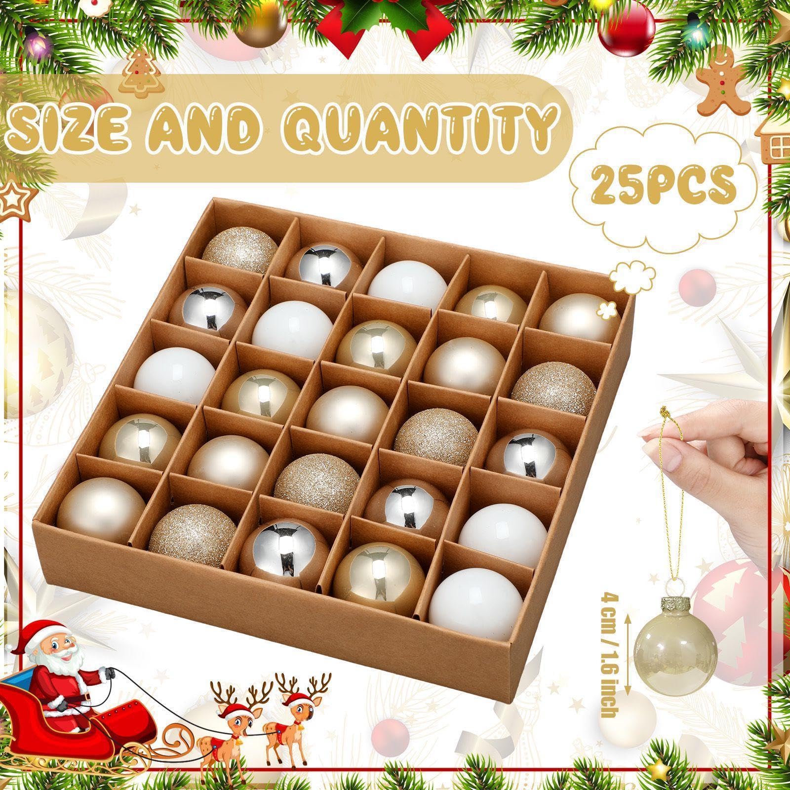 Soulchen 25 mini esferas de Navidad de cristal de 1.57 pulgadas, esferas neutrales para árbol de Navidad, modernas y pequeñas con purpurina, colgante elegante para suministros de fiesta de vacaciones