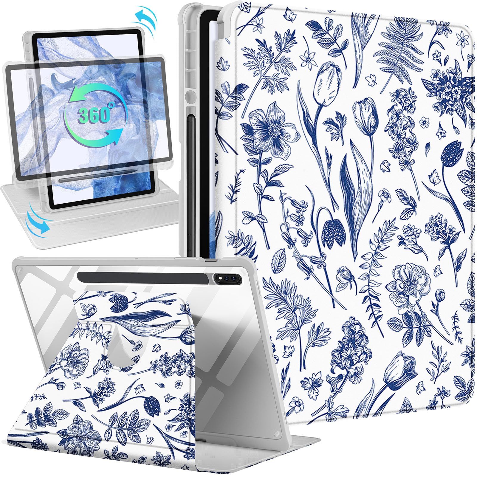 Wazzasoft for Samsung Galaxy Tab S7 Fe/S7 Plus/S8 Plus Case 12.4 Inch Folio Cover Pencil Holder Women Girls Cute Girly Floral Unique Design Rotating