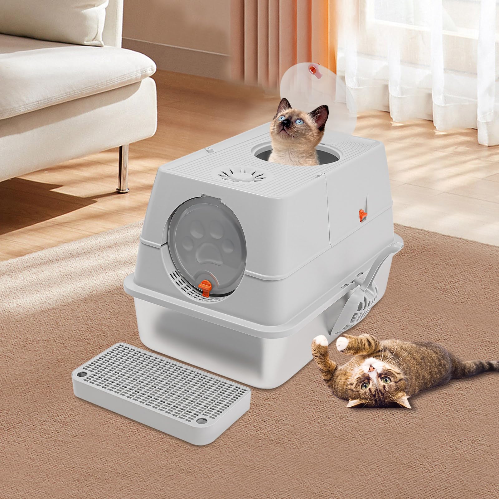 Herausnehmbar Katzenklo Geschlossen Zwei-Tür Katzenklo Edelstahl Katzenklo mit Deckel, Schaufel und Fußstufe Katzenklo Edelstahl Katzenklo mit Deckel Katzen Toiletten (Hellgrau)