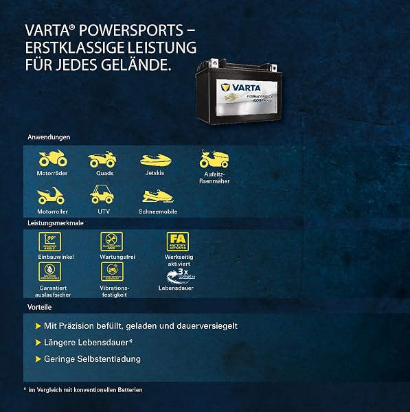 VARTA Motorradbatterie 6 Ah / 100 A - 130 mm Powersports Active AGM - lange Lebensdauer, vorgeladen, wartungsfrei, geeignet für Motorräder, Motorroller, Quads, Jetskis und Schneemobile, schwarz - 4