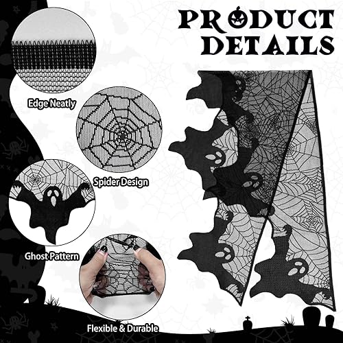 Vista 12 de AerWo tela de araña para decorar la chimenea para halloween manto de encaje negro, cotillón para fiestas, 45 x 243 cm 18 x 96 pulgadas