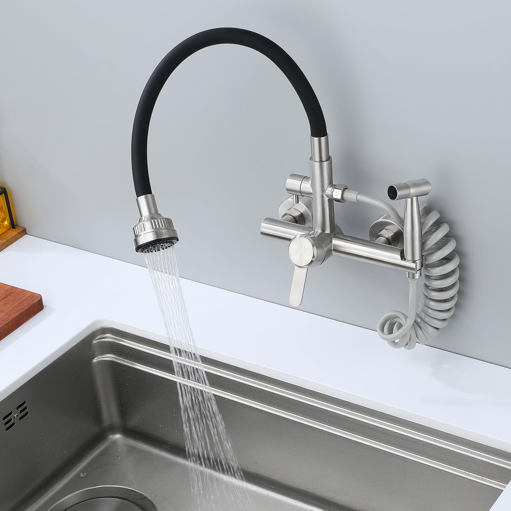 Grifo Cocina Pared Con Ducha, Grifo Pared Lavadero, 4 Modos De Pulverización De Agua, Grifo De Cocina Acero Inoxidable Cepillado