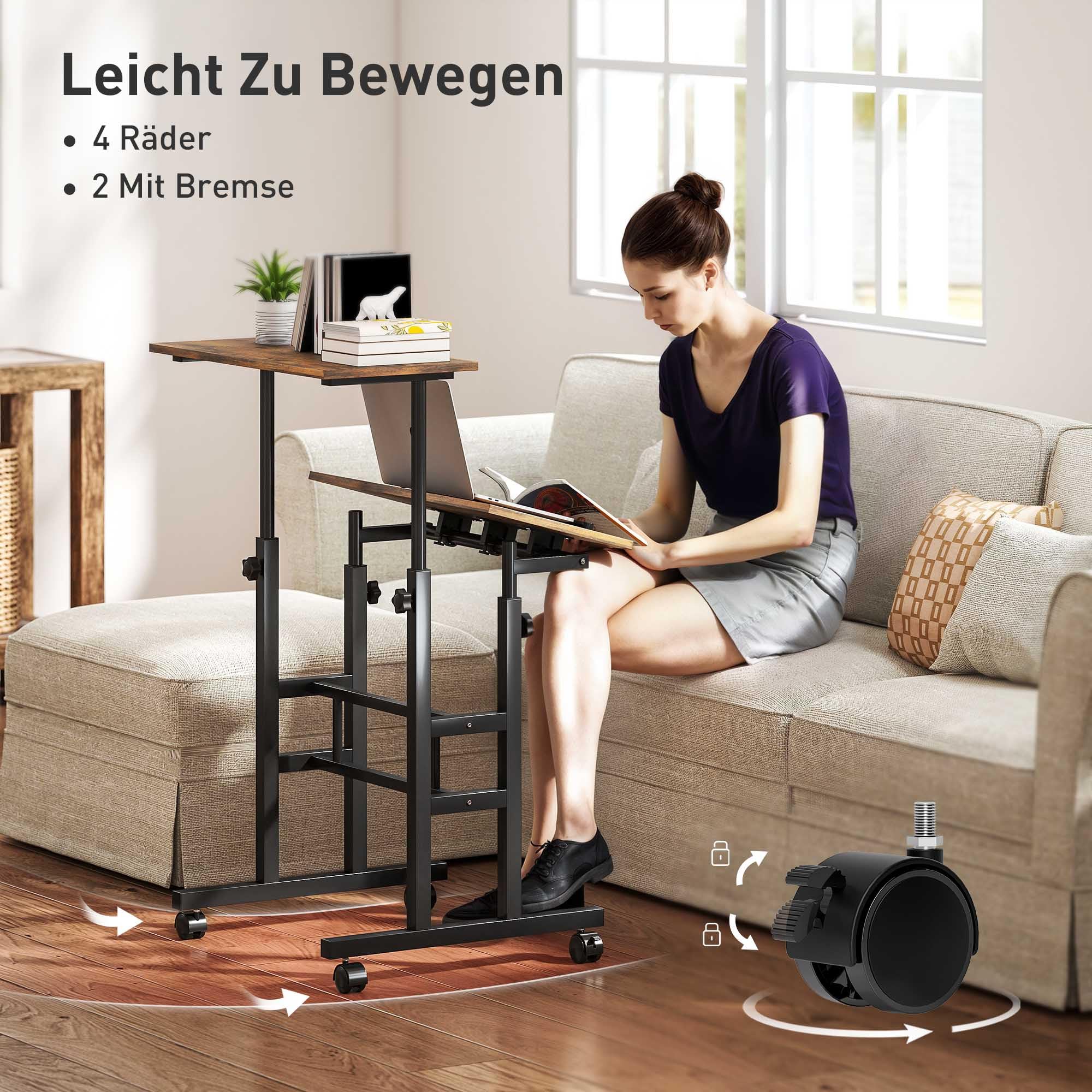 HOMCOM Schreibtisch Höhenverstellbar 60 x 60 x 70,5-120 cm Rustikal Braun