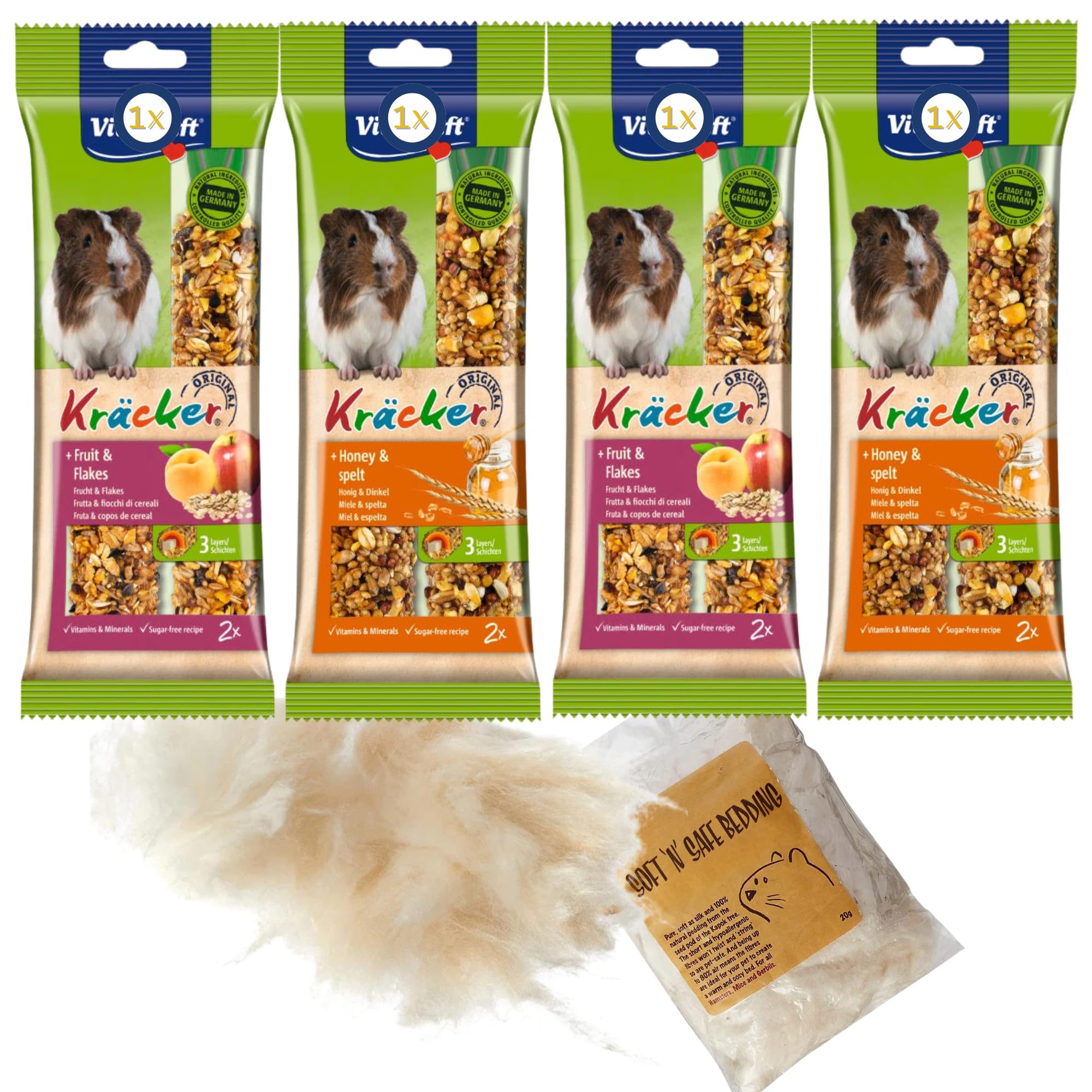 Guinea Pig Treat Bundle with 4 Packs Chew Sticks (Fruit & Honey) and Soft Cage Bedding – 5 Piece Snack & Comfort Set