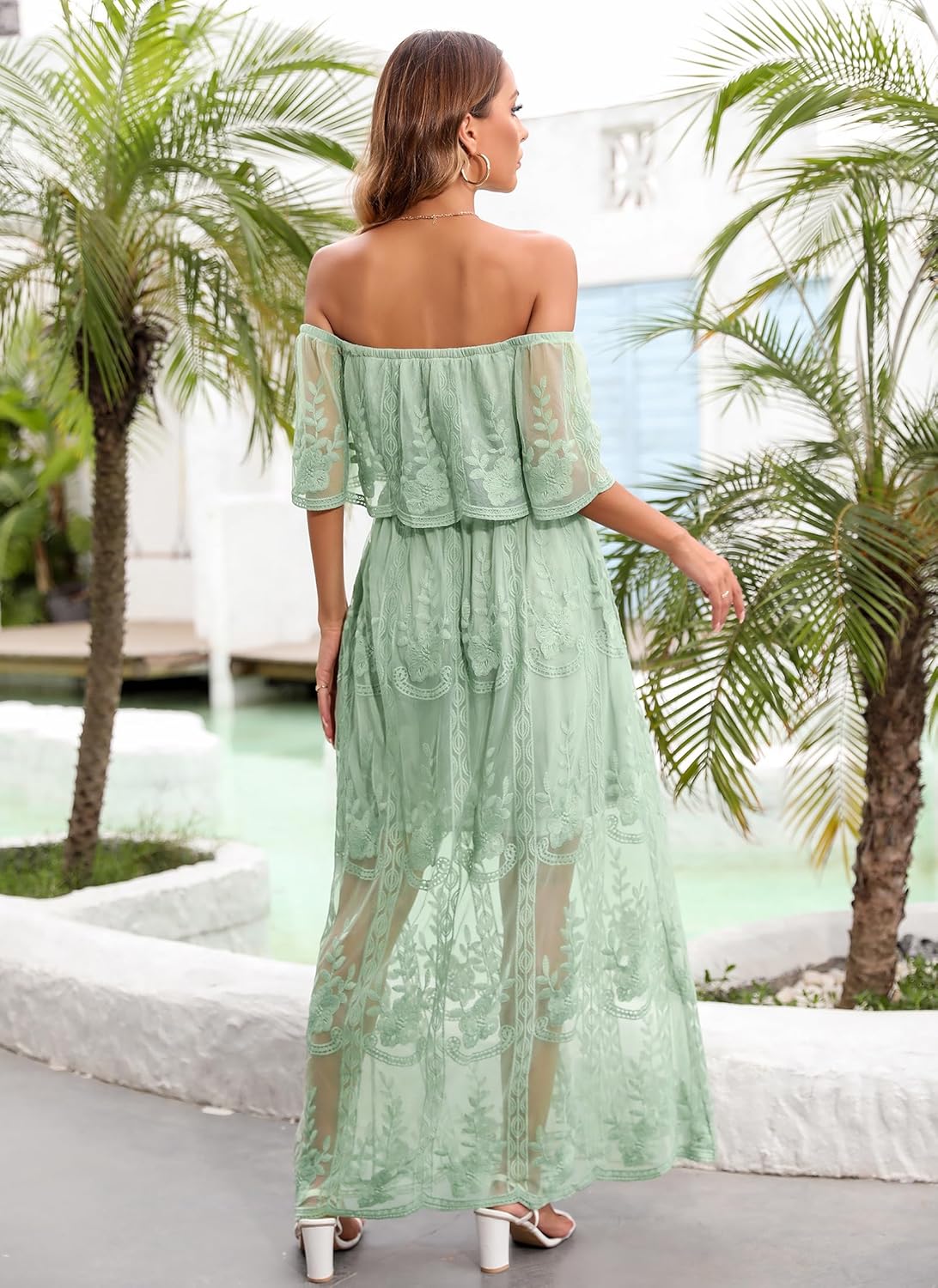 Women's Casual Off Shoulder Lace Maxi Dress Boho White Bridesmaid Wedding Evening Party Dresses - Image 2