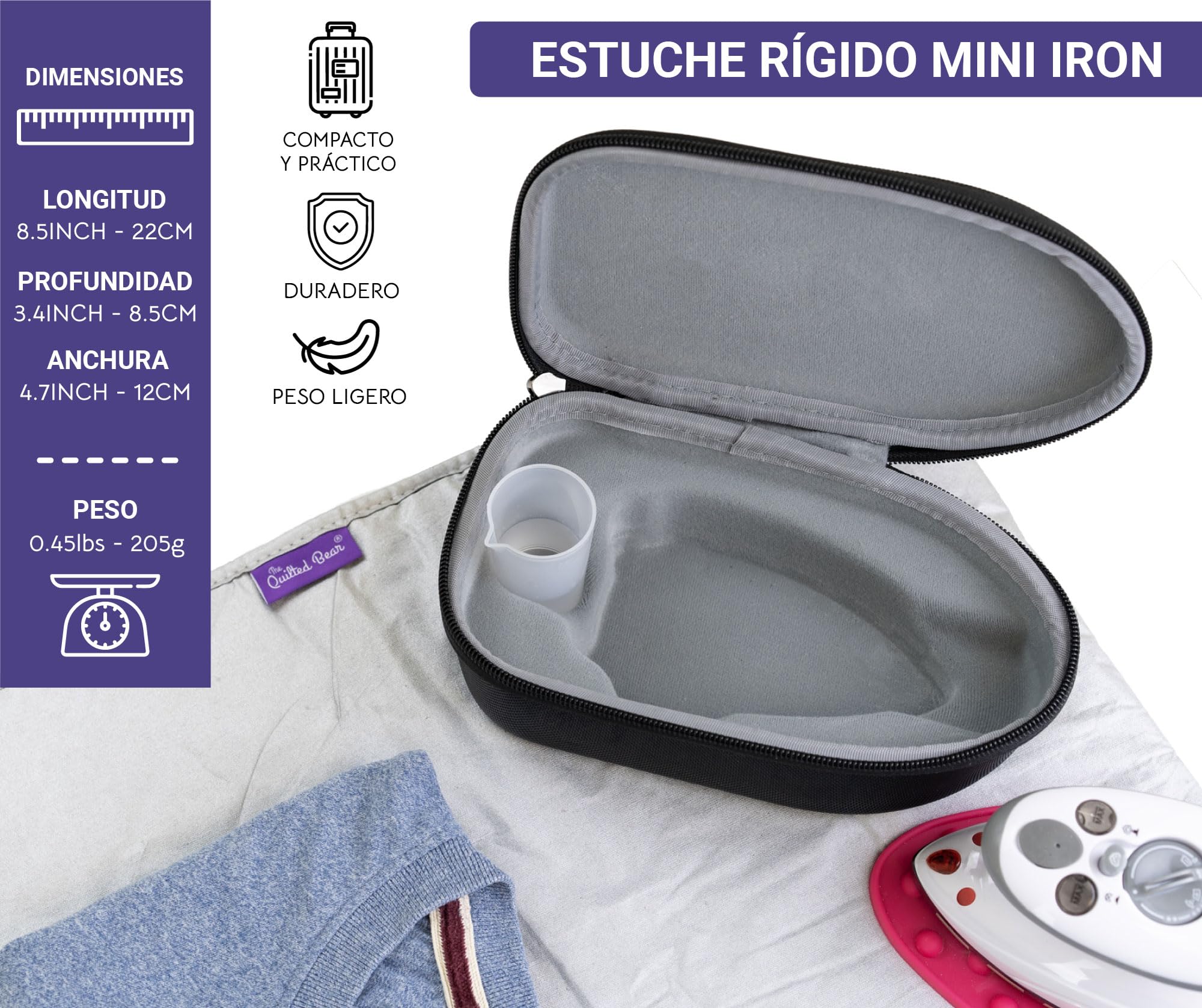 The Quilted Bear Mini Plancha para planchar – Plancha de viaje con cerámica vapor y termostato – Pequeño vaporizador de viaje para coser, artesanía o transferencia (carcasa negra)