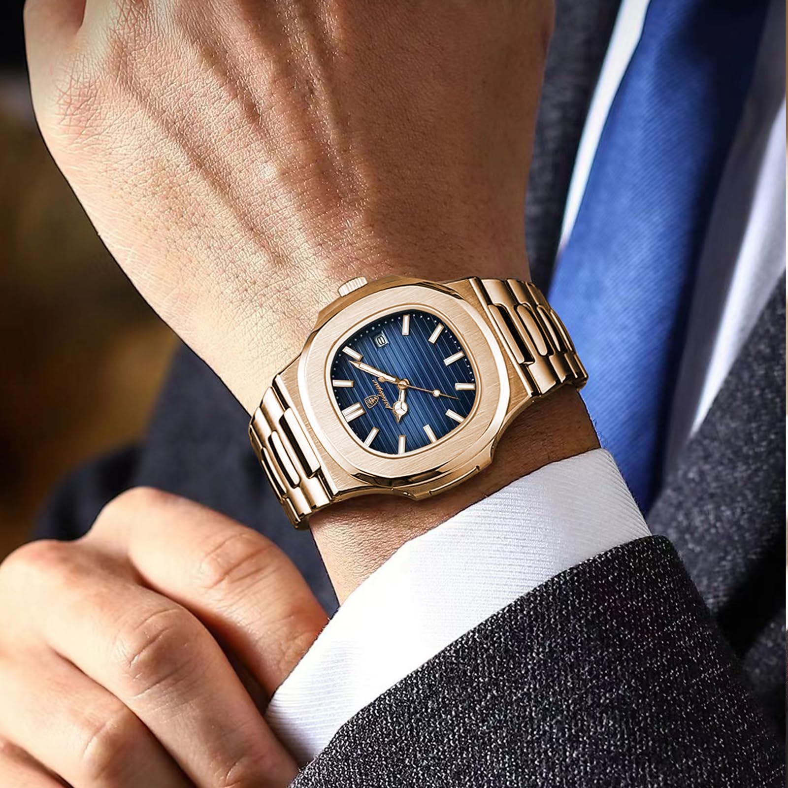 Poedagar Reloj de pulsera para hombre de moda con correa de acero inoxidable y mecanismo de cuarzo, resistente al agua, luminoso, con fecha, cuadrado