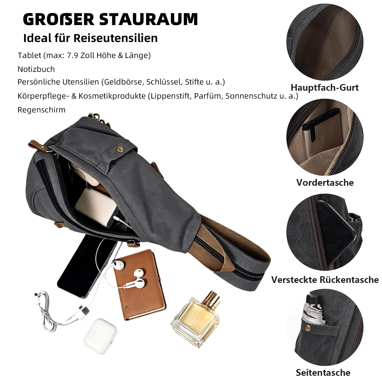 KL928 Canvas - Schlingetasche kleiner Crossbody - Rucksack lässiger Schulter - Tagesrucksack für Damen und Herren