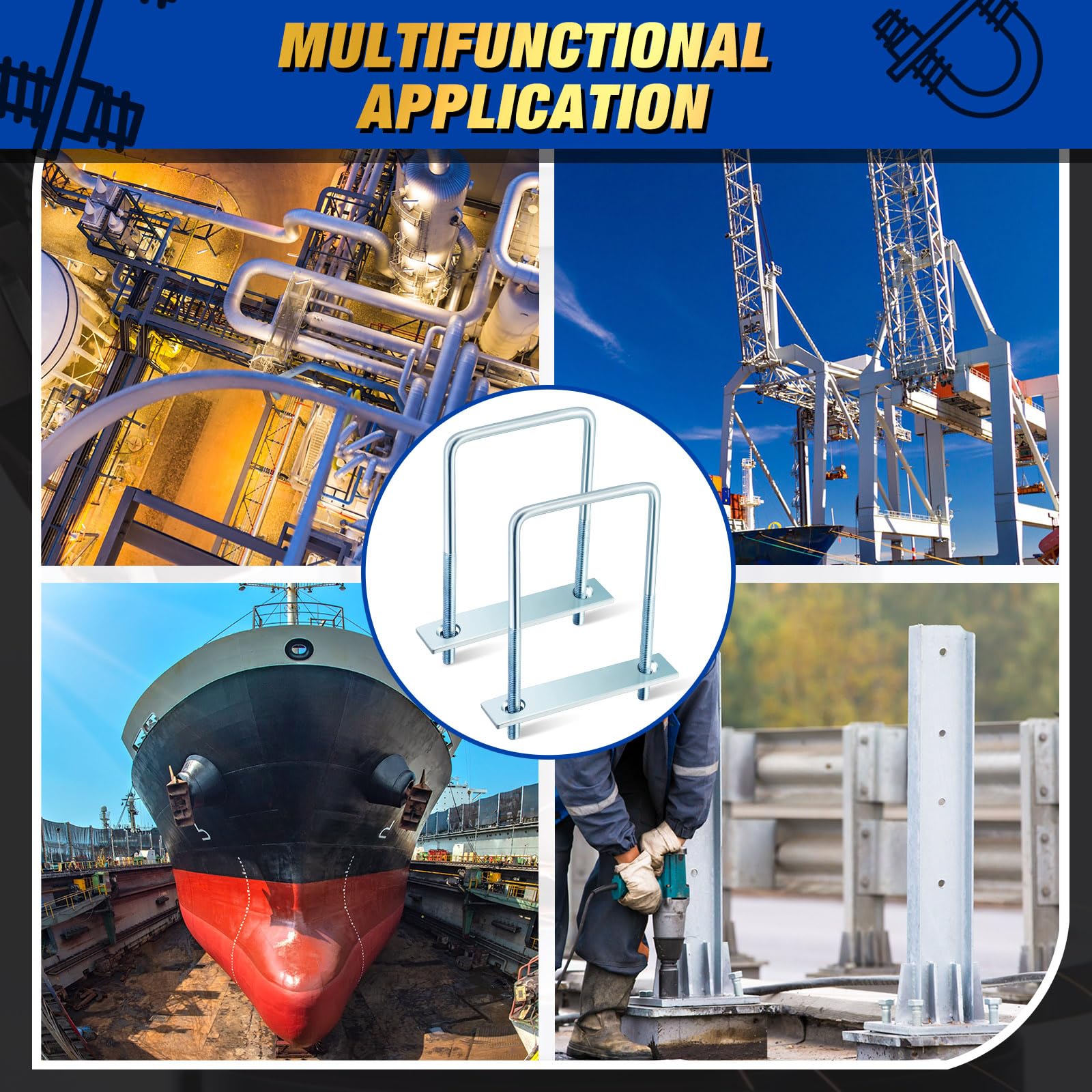 Dunzy 12 bulloni a U quadrati zincati, in acciaio al carbonio resistente, forniture industriali e scientifiche per tubi di rimorchi per barche, oggetti rettangolari in legno e metallo (9,5 x 10,2 x