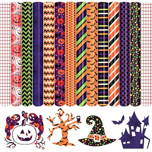 Tintnut Thanksgiving Autumn Permanent Vinyl - 12 Sheets 12"x10", Fall Pumpkin Pattern Adhesive Vinyl Sheets Compatible with Cricut or Silhouett Machine for Decor Sticker