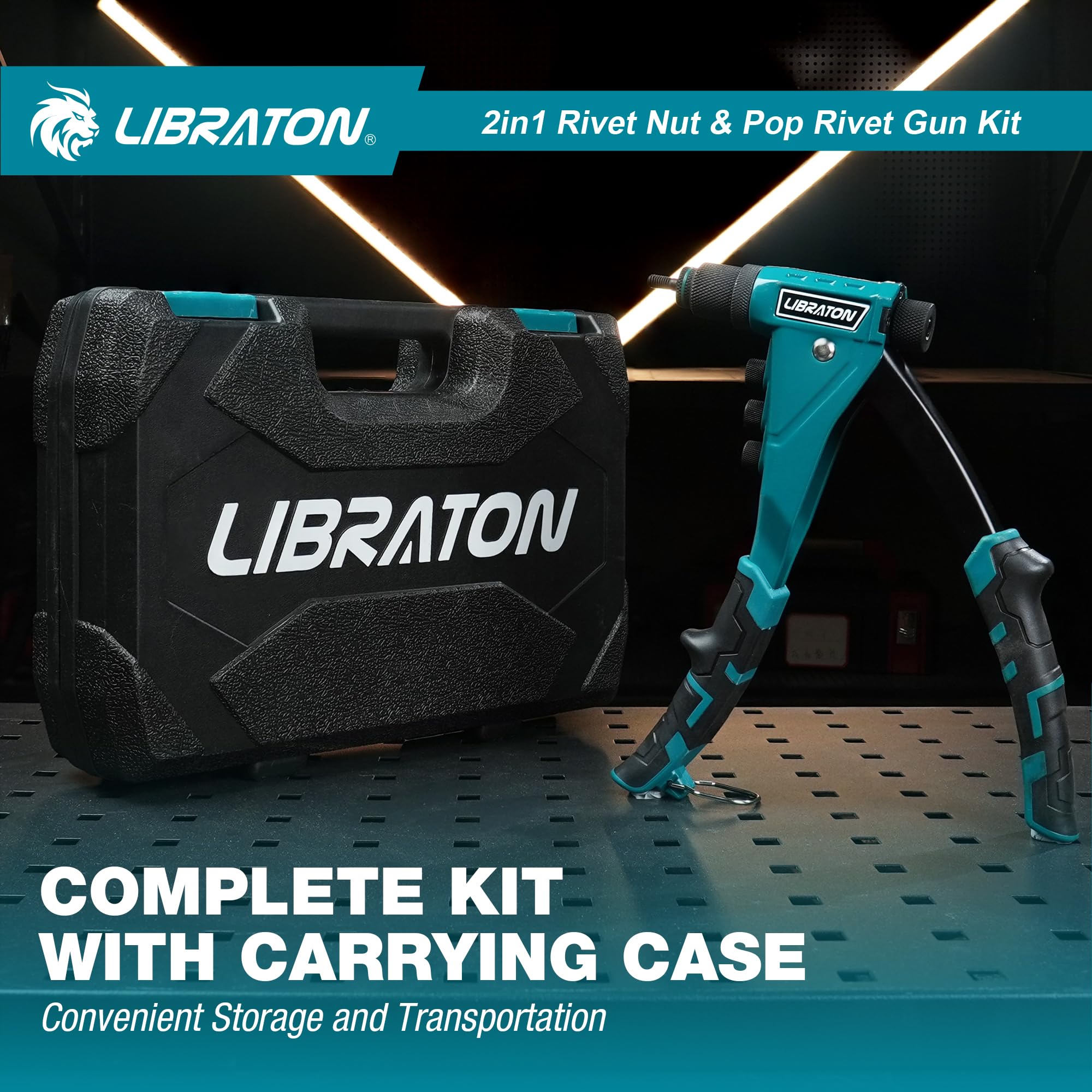 LIBRATON Kit de Remachadora de Tuercas y Remaches 2 en 1, con 4 Mandriles (M3-M6), 4 Boquillas (2.4-4.8mm), 40 Tuercas y 200 Remaches, Remachado Ajustable para Bricolaje y Reparaciones, con Caja