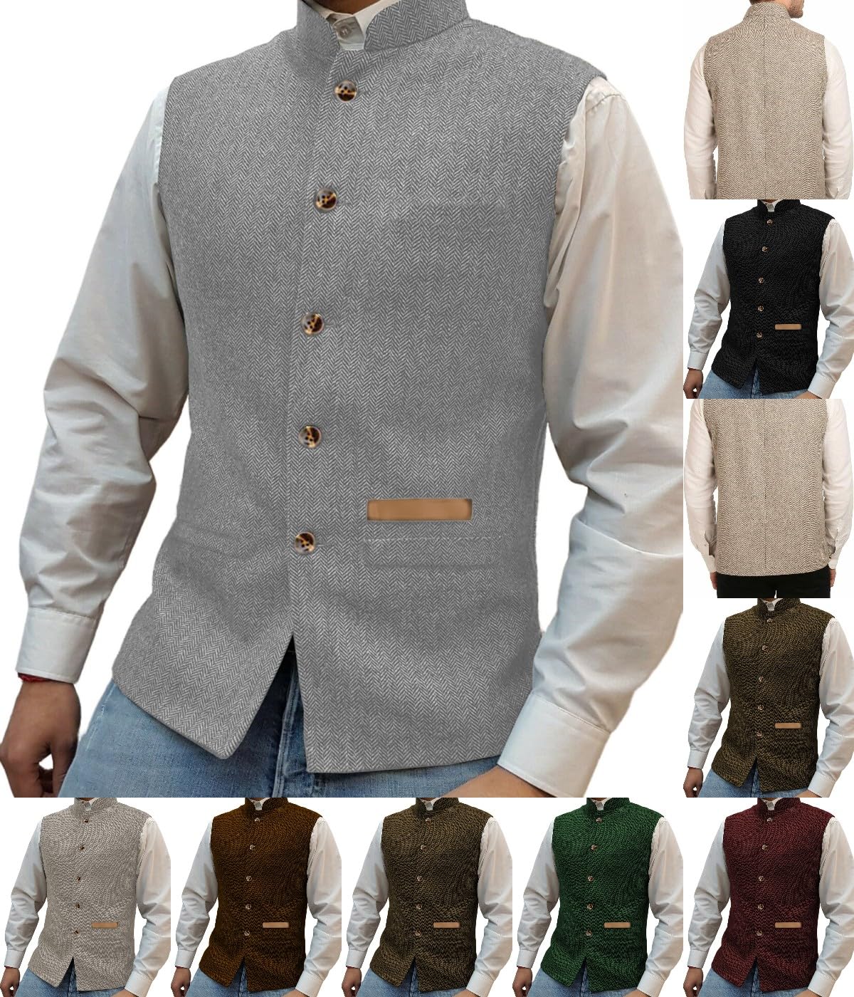 Gilet à col montant pour homme - En tweed - À chevrons - Rétro - Doublure en laine - Pour mariage et chasse