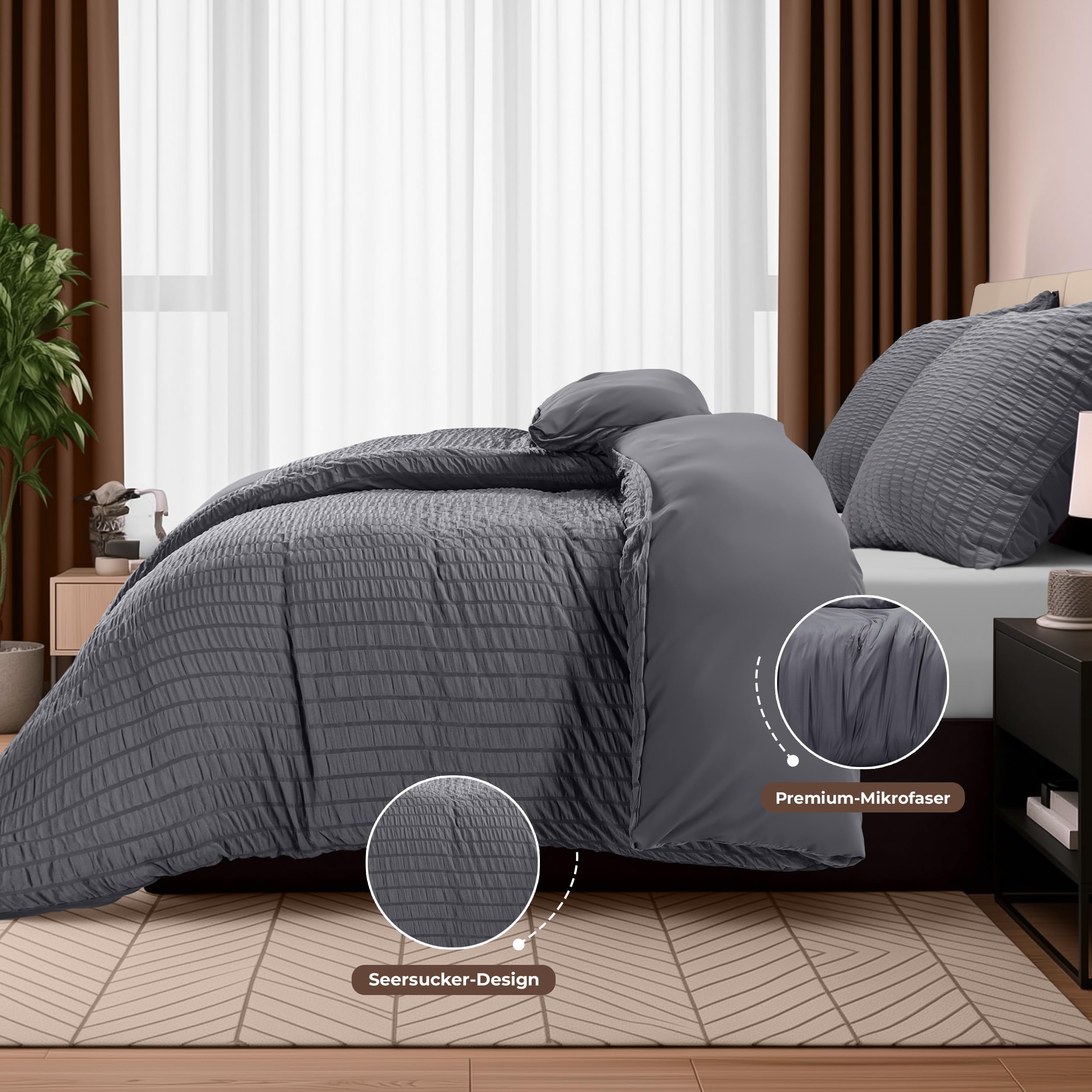 Utopia Bedding Seersucker Bettwäsche 135x200 4teilig - Mikrofaser Polyester 2 Bettbezug 135x200 cm + 2 Kissenbezug 80x80 cm – Grau