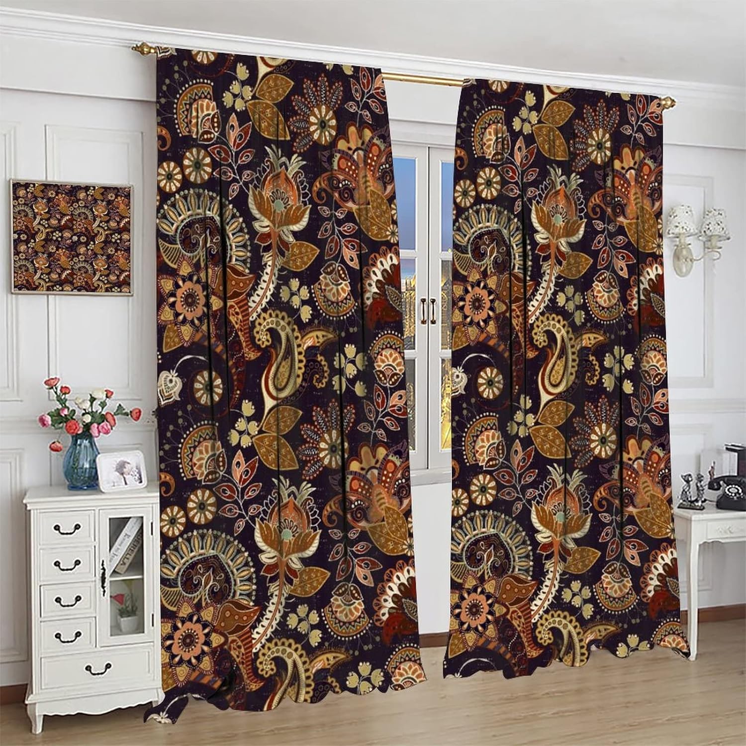 Paisley Window Curtains,Vintage Floral Bohemian Elements Blackout Rod Pocket Window Drapes for Living Room Bedroom Home Decor W52xL84in