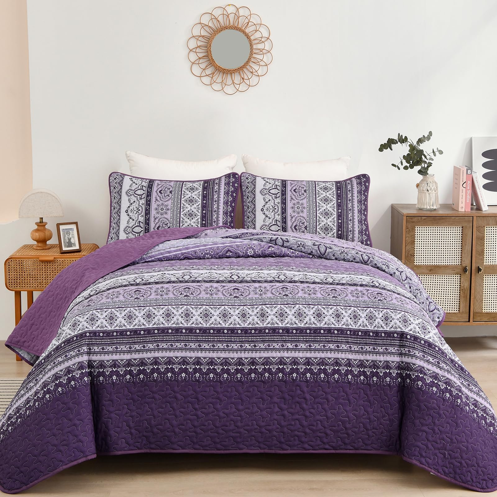 Amazon.com: WONGS BEDDING Boho Quilt Set Queen Size,Teal Blue Plaid ...