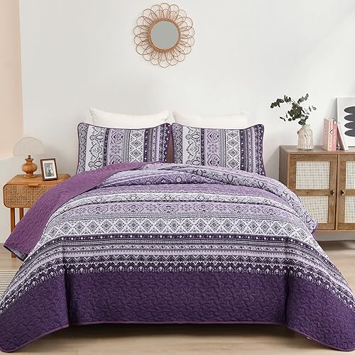 Vista 33 de WONGS BEDDING Juego de edredón bohemio tamaño Queen Aqua, juego de colcha de 3 piezas a rayas, de microfibra ligera y suave bohemia para todas
