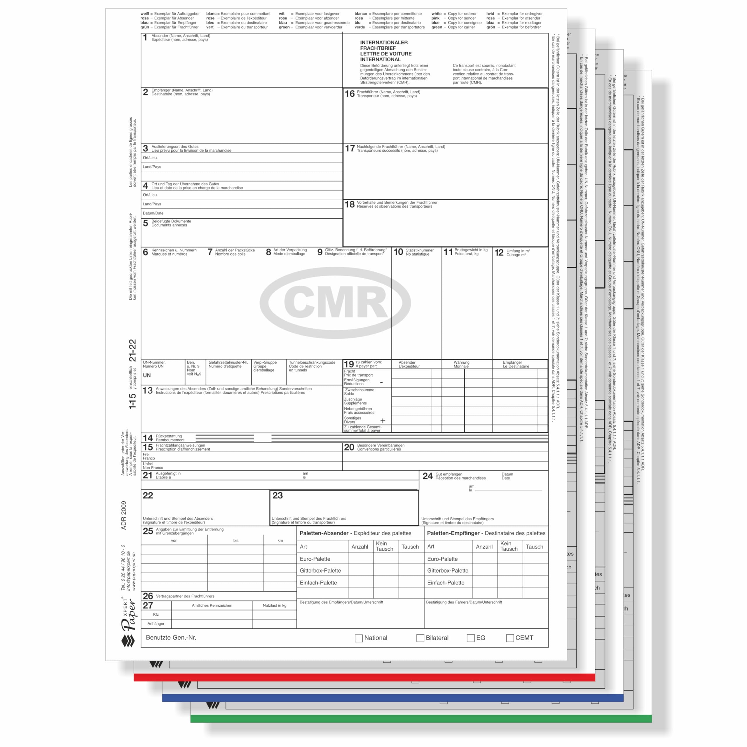 CMR Frachtbrief x 250 | 4-teilig | DIN A4 Einzelblätter im Wechsel | Für Laser- & Inkjetdrucker | Internationaler Güterverkehr | nach neustem ADR-Standard - Made in Germany