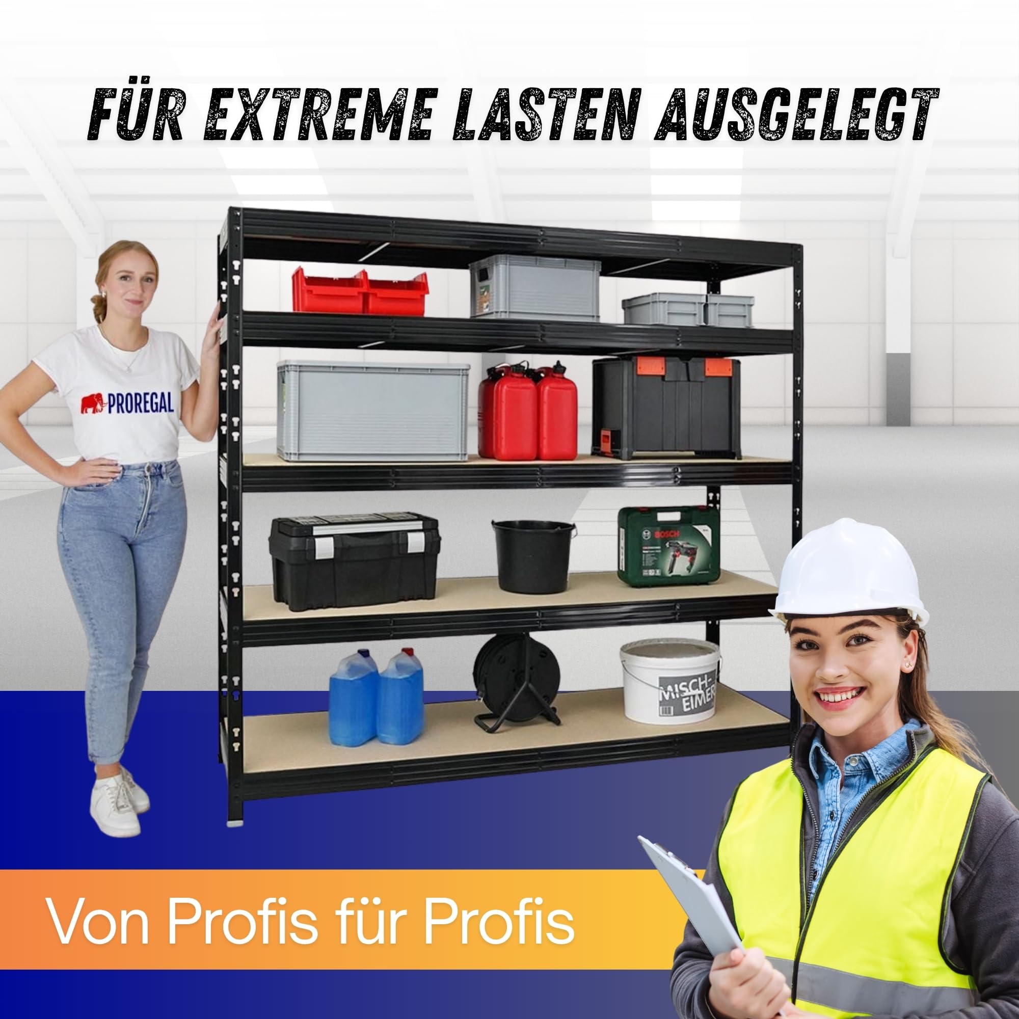 PROREGAL Profi Schwerlastregal Rhino EXTRA BREIT schwarz HxBxT 180x200x60cm Fachlast 500kg 5X Spanplatten-Ebenen 8mm Garagenregal, Lagerregal, Steckregal, Weitspannregal
