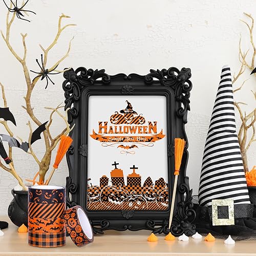 Miniatura 7 de Whaline 12 rollos de cinta Washi de Halloween, diseño de rayas, rayas, rayas, calabaza, araña, cinta decorativa negra y naranja para Halloween,