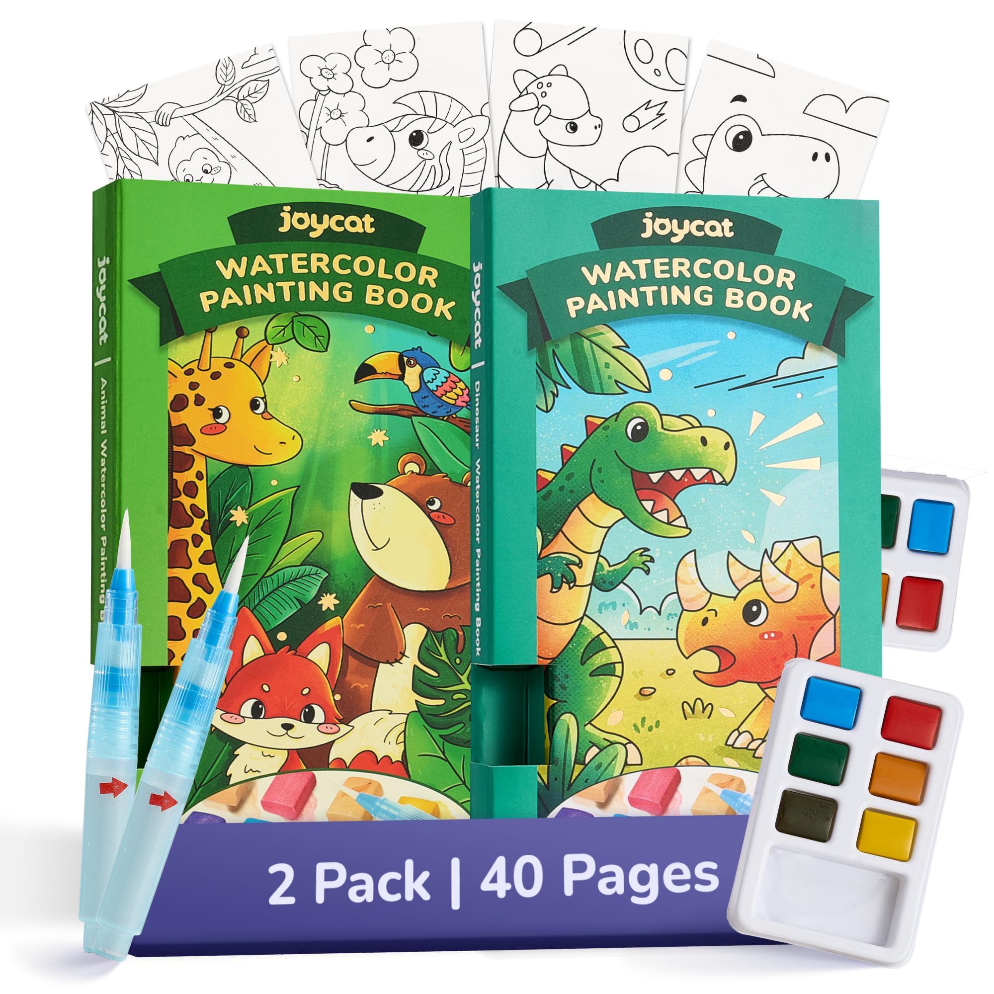 JoyCat Set da 2 Libri da Colorare con Acquerelli per Bambini, Set di Attività Creative e Artistiche, Kit Creativo da Viaggio e Casa, Regali per Ragazze e Ragazzi da 3 a 8 Anni (Verde Chiaro & Verde)
