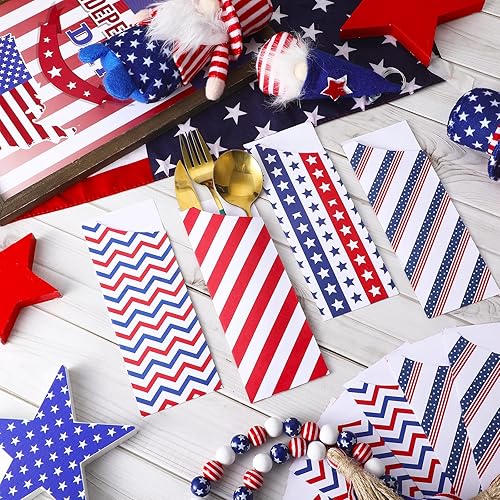 Miniatura 7 de 100 bolsas de cubiertos desechables para el Día de la Independencia del 4 de julio, con la bandera estadounidense, soporte para cubiertos de papel,