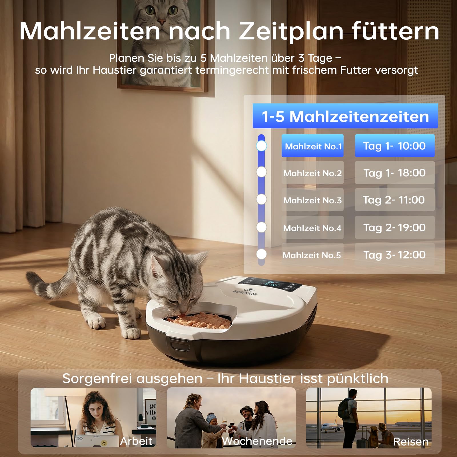 Futterautomat Katze Nassfutter, 3 Tage Frische 5 Mahlzeiten, Mit Halbleiter-Kühlung & Heizung Nassfutterautomat für Katzen, Futterschale aus Edelstahl 304 — Programmierbare Nassfutter Automat Katzen