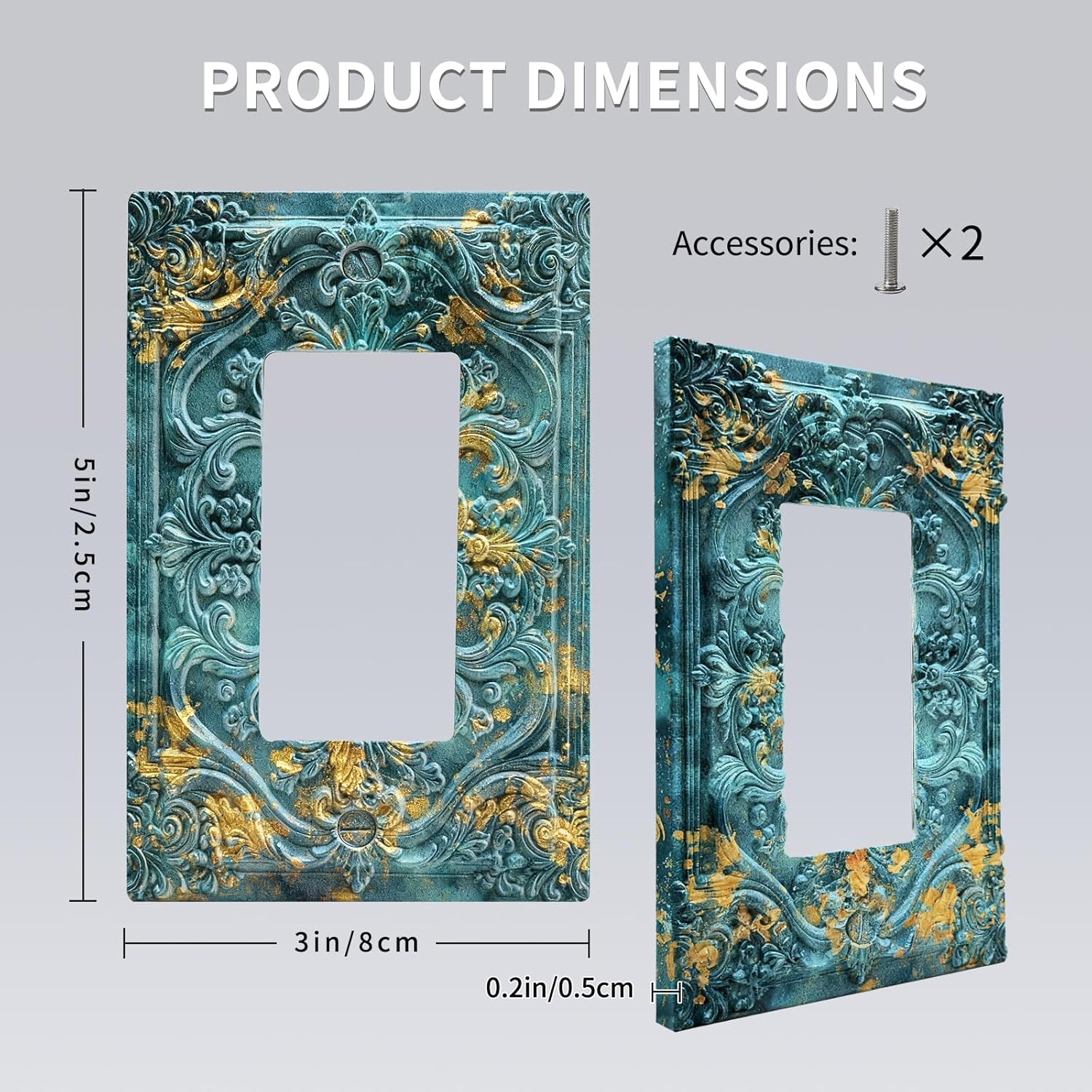 Decorative Outlet Covers Teal and Gold Gradient 3D Ornate Floral Embossed 1 Gang Rocker Light Switch Cover Plate Single Decora Light Switch Covers Wall Plate Faceplate for Bedroom Home Decor