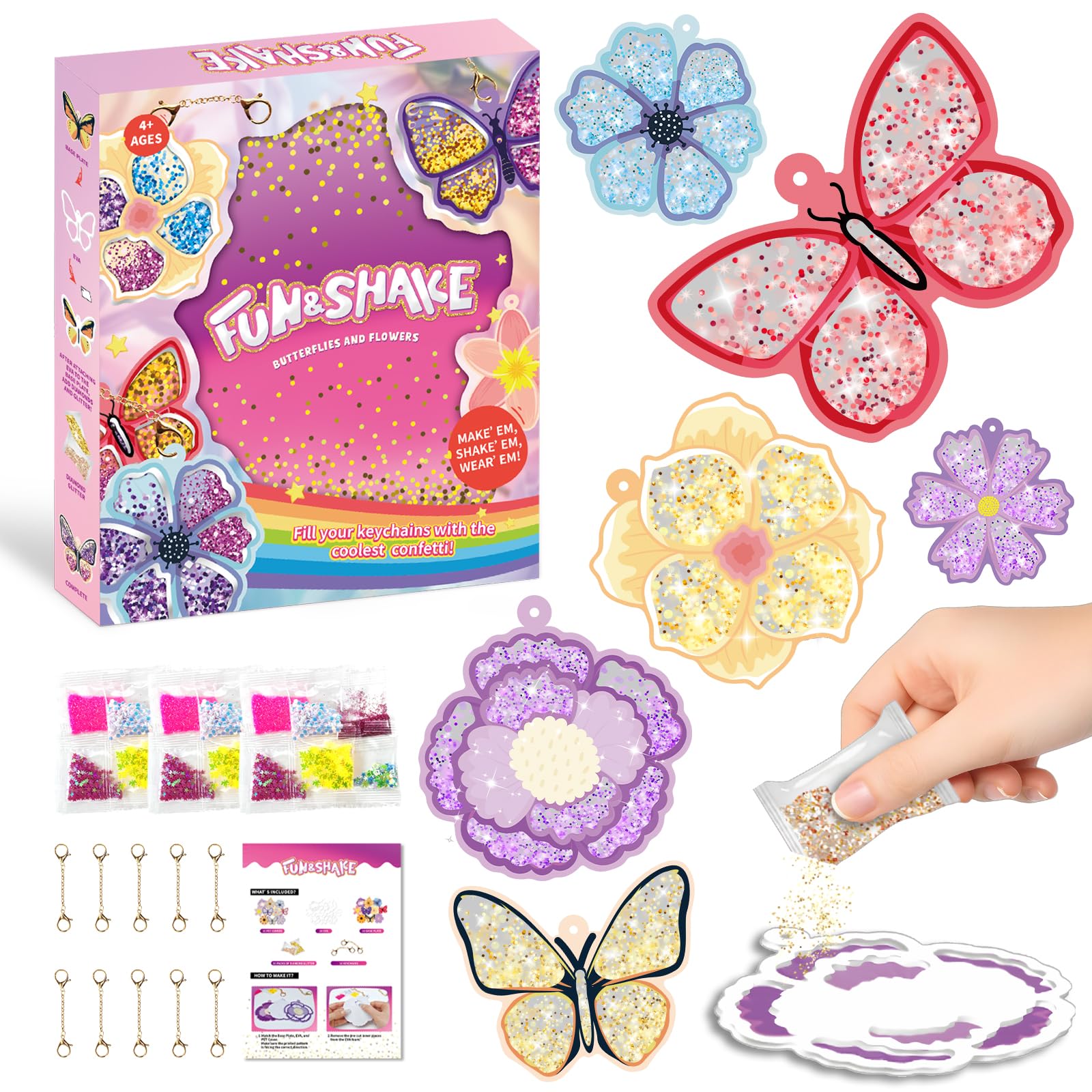 DkevEu Art and Craft Activity - FUN&SHAKE, DIY Mess-Free Craft Kit with Keychains, 20 Glitter Packs, Craft Kits for Kids, Party Favours & Birthday Gifts for Girls Ages 4, 5, 6, 7, 8, 9 (Flower Theme)
